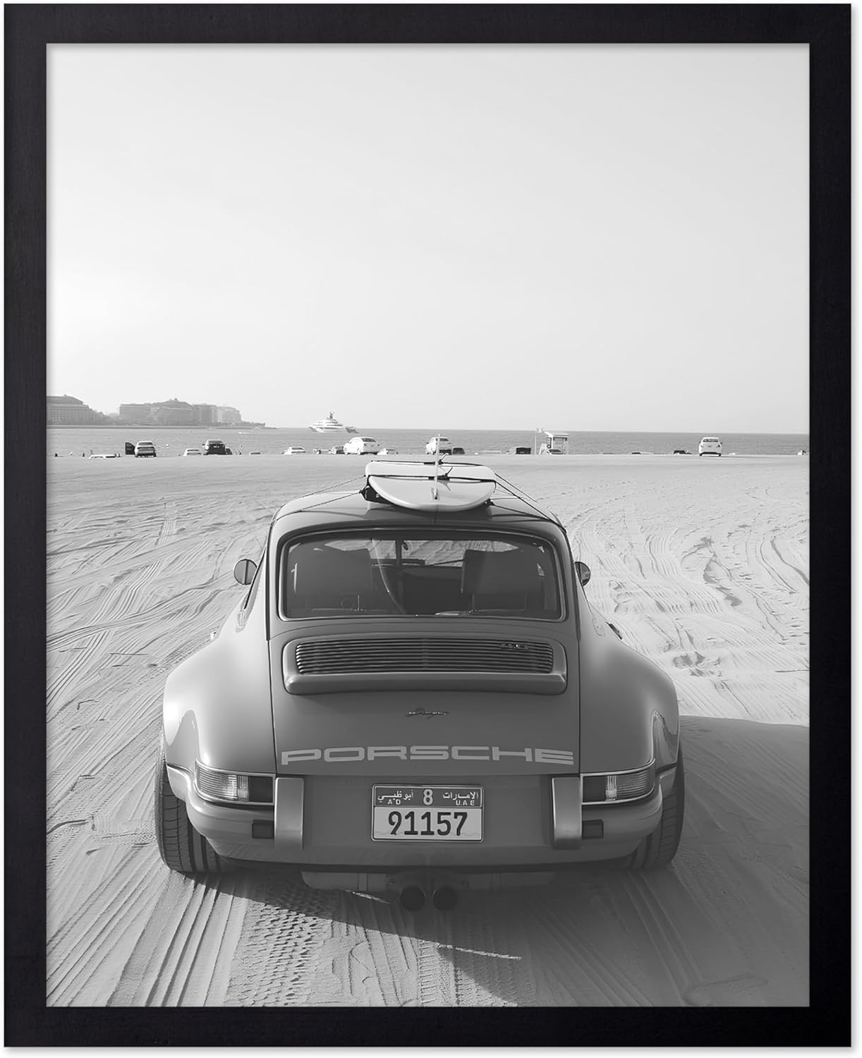 Poster Master Classic Car Poster - Car in the Desert Print - Automobile Art - Transportation Design - Black and White Illustration - Great Garage or Living Room Decor - 8x10 Black Framed