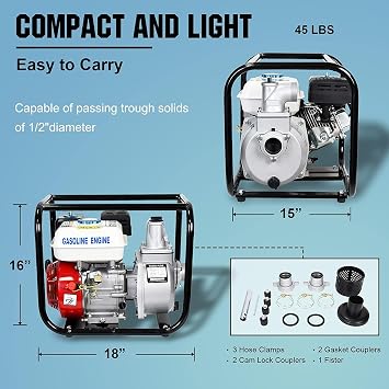 DC HOUSE 2 6.5 HP 4-Stroke Gas Powered Semi-Trash Water Pump, 212cc 4-Cycle 158GPM High Flow Rate 26.2FT Suction 105FT Lift, High-Pressure Gasoline Transfer Pump
