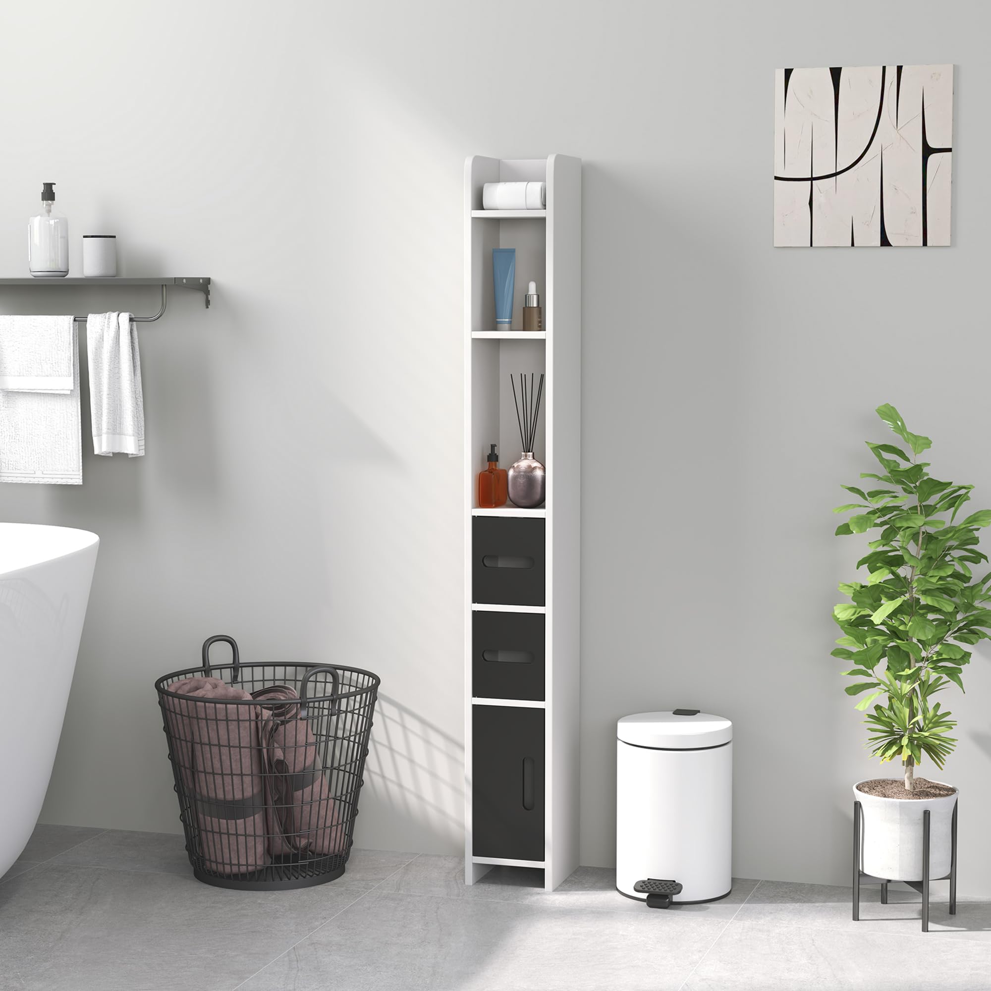 kleankin Mobiletto Bagno Salvaspazio a Colonna con 3 Mensole e 3 Armadietti, Colonna Bagno in Legno per Salotto, Soggiorno, Cucina, 15x17x120 cm, Bianco e Nero