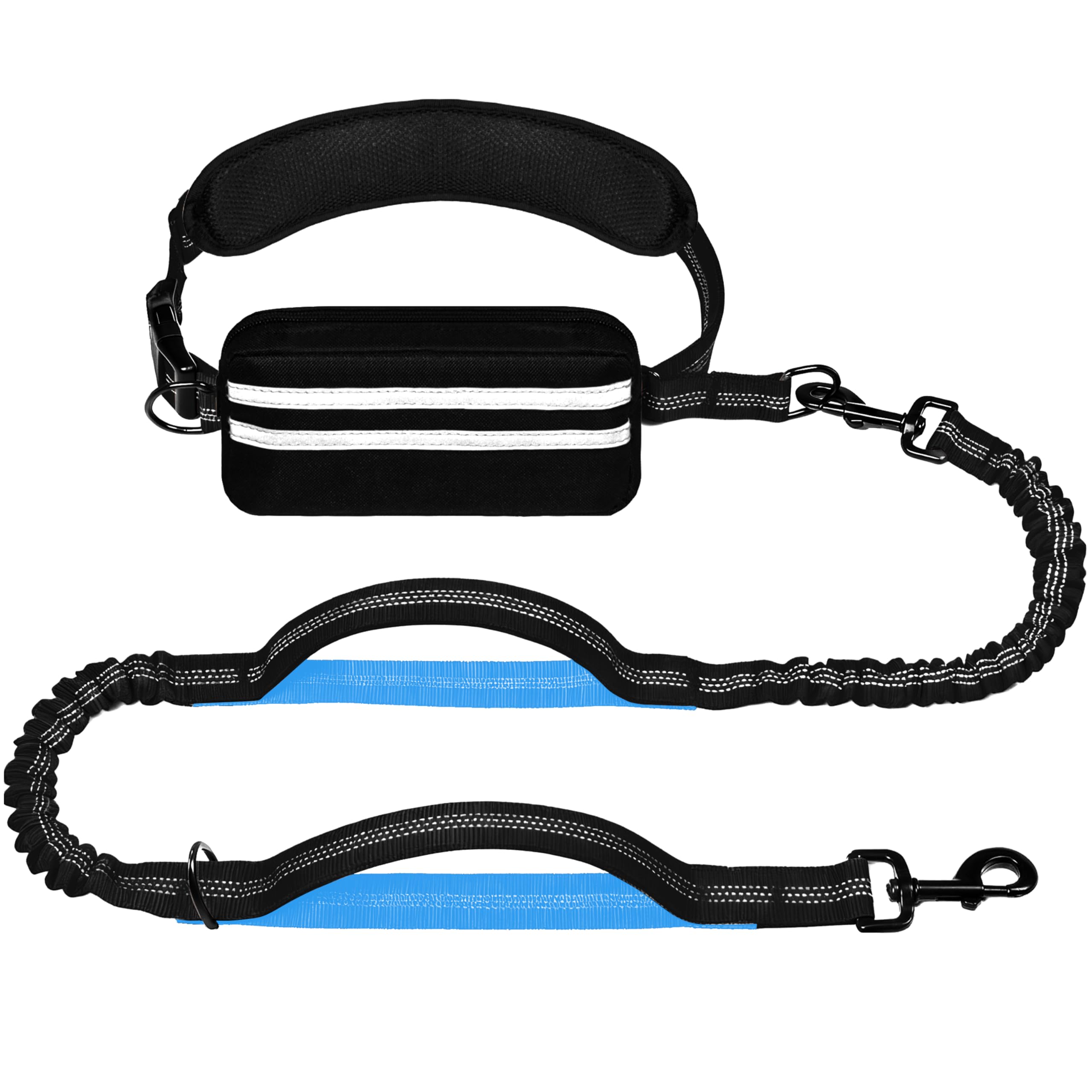 Hands Free Dog Leash with Zipper Pouch, Running Waist Leash for Dog Walking, Adjustable Waist Belt for Large Dogs, Reflective Bungee Design with Two Handle for Hiking,Training, Black