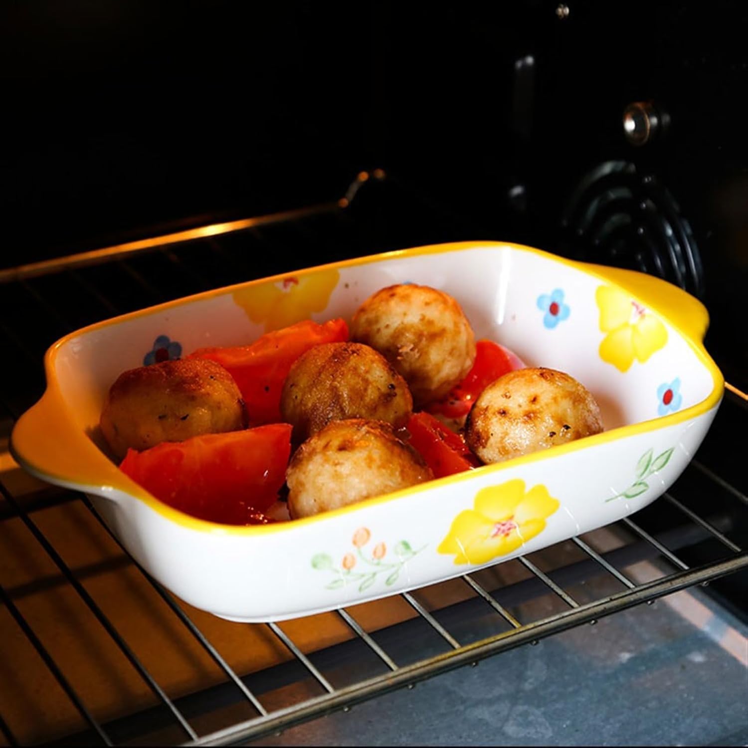 Lasagna Pans Cheese Baked Rice Baking Dish Ceramic Rectangular Hand-Painted Flowers Home Microwave Oven Special Baking Baking Bowl Lasagne Dish,Yellow