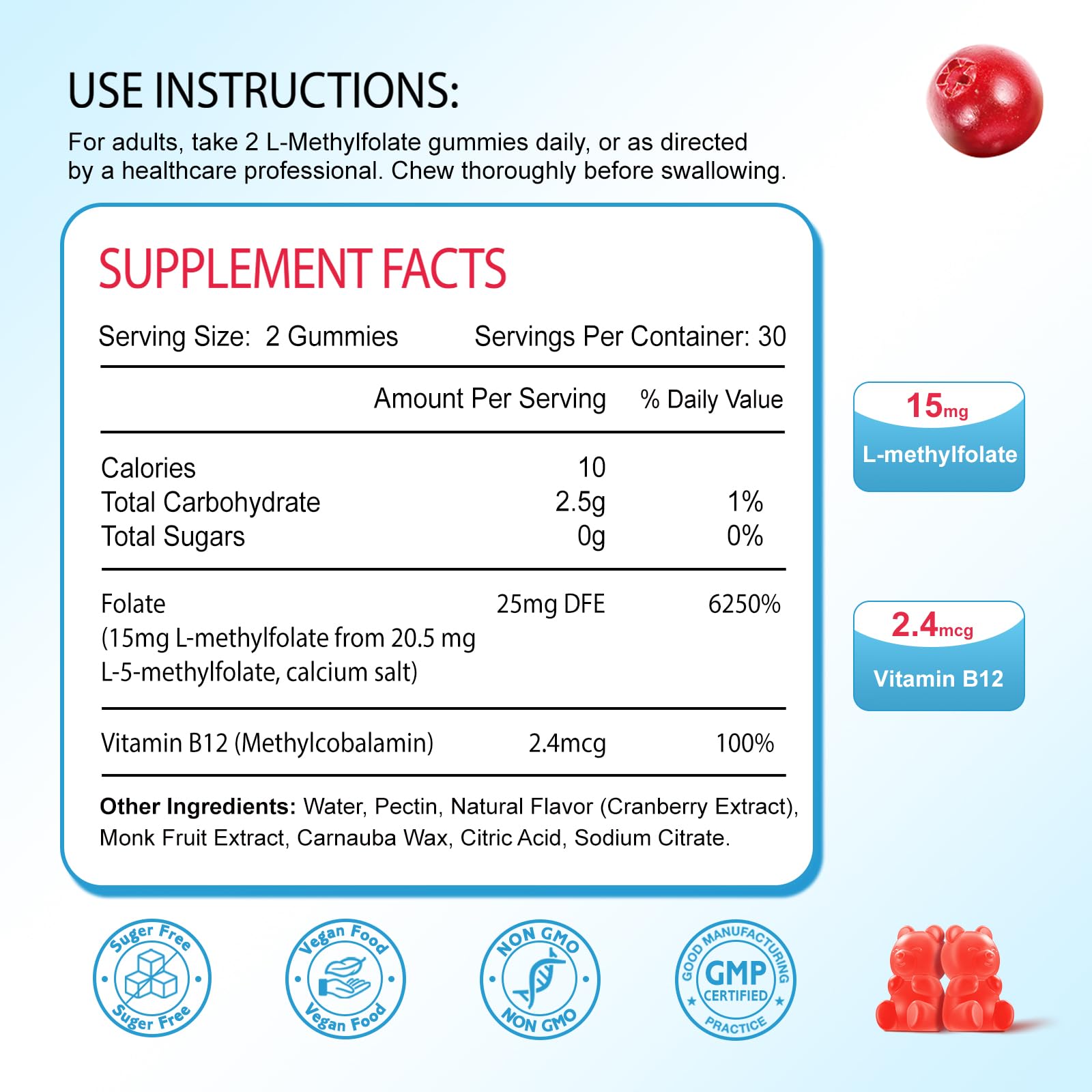 L-Methylfolate 15mg & Methyl B12 Gummies, Folate Supplement for Brain Health, Mood & Immunity, DNA Synthesis & Repair, Sugar Free, Vegan, Cranberry Flavor, 60 Count — Amazon image 2
