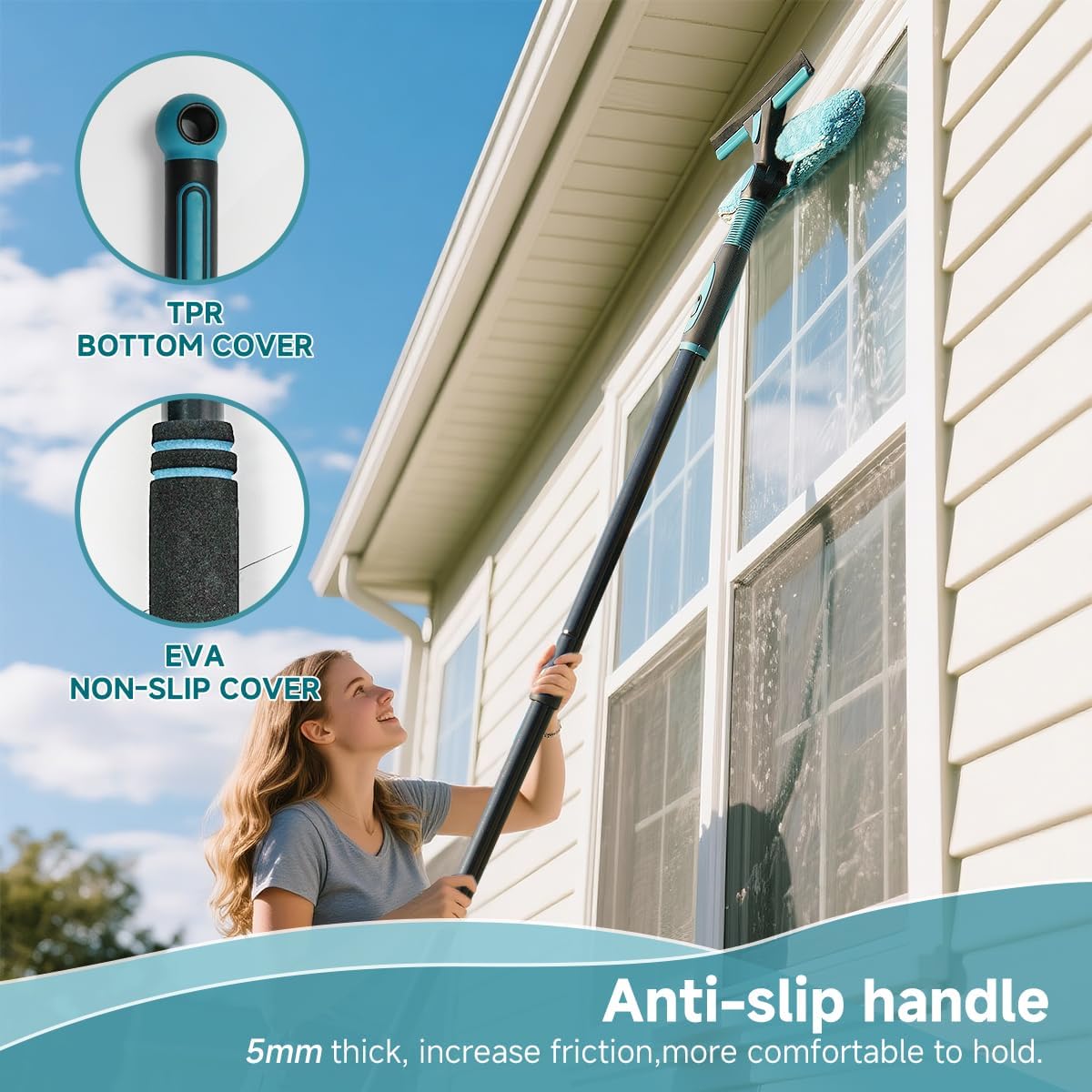 AIDELY 62" Window Squeegee, 2 in 1 Window Cleaning Tool with Telescopic Pole, Rotatable and Bendable Head for High Windows Indoor Outdoor, Includes 2 Blades & 2 Pads (Microfiber+Pads) thumbnail