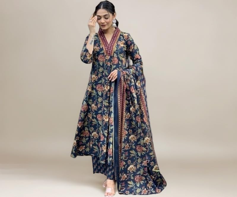 MEERA FAB Women's Cotton Blend Anarkali Printed Kurta with Palazzo & Dupatta