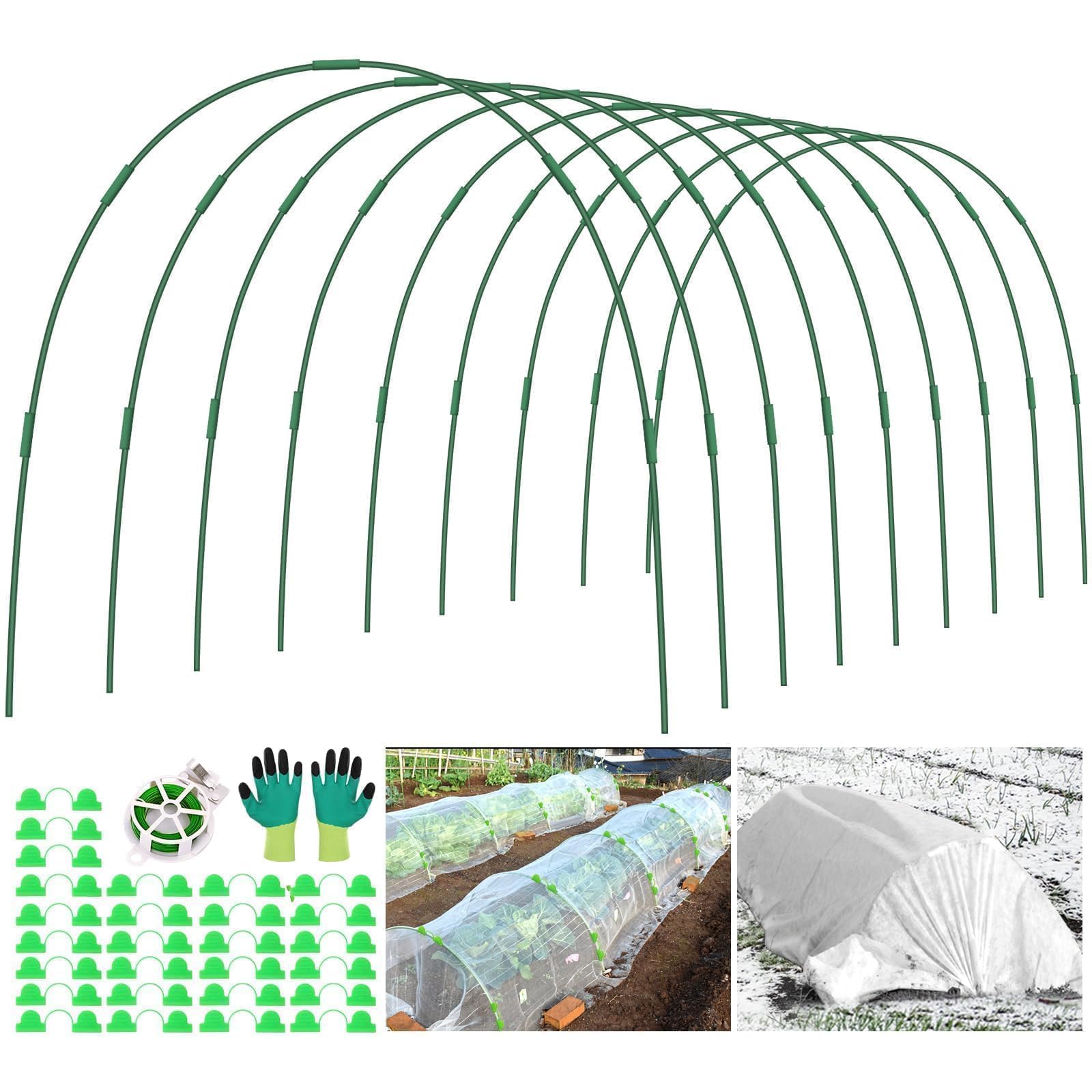 Dynozim 45 Pcs Garden Hoops for Raised Beds, 9 Sets Rust-Free Fibreglass Greenhouse Hoops Tunnel Arches with Clips Twist Tie Gloves for Row Cover Bird Insect Netting Frost Fleece