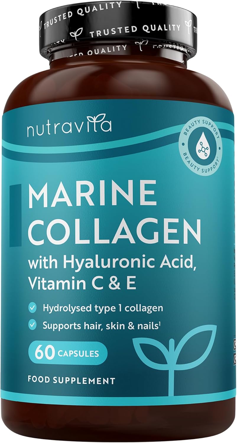 Nutravita Marine Collagen 1000mg – 60 Capsules of Superior Type 1 Hydrolysed Collagen – Enhanced with Hyaluronic Acid, Vitamin C, Vitamin E, Vitamin B2, Zinc, Copper and Iodine – Made in The UK