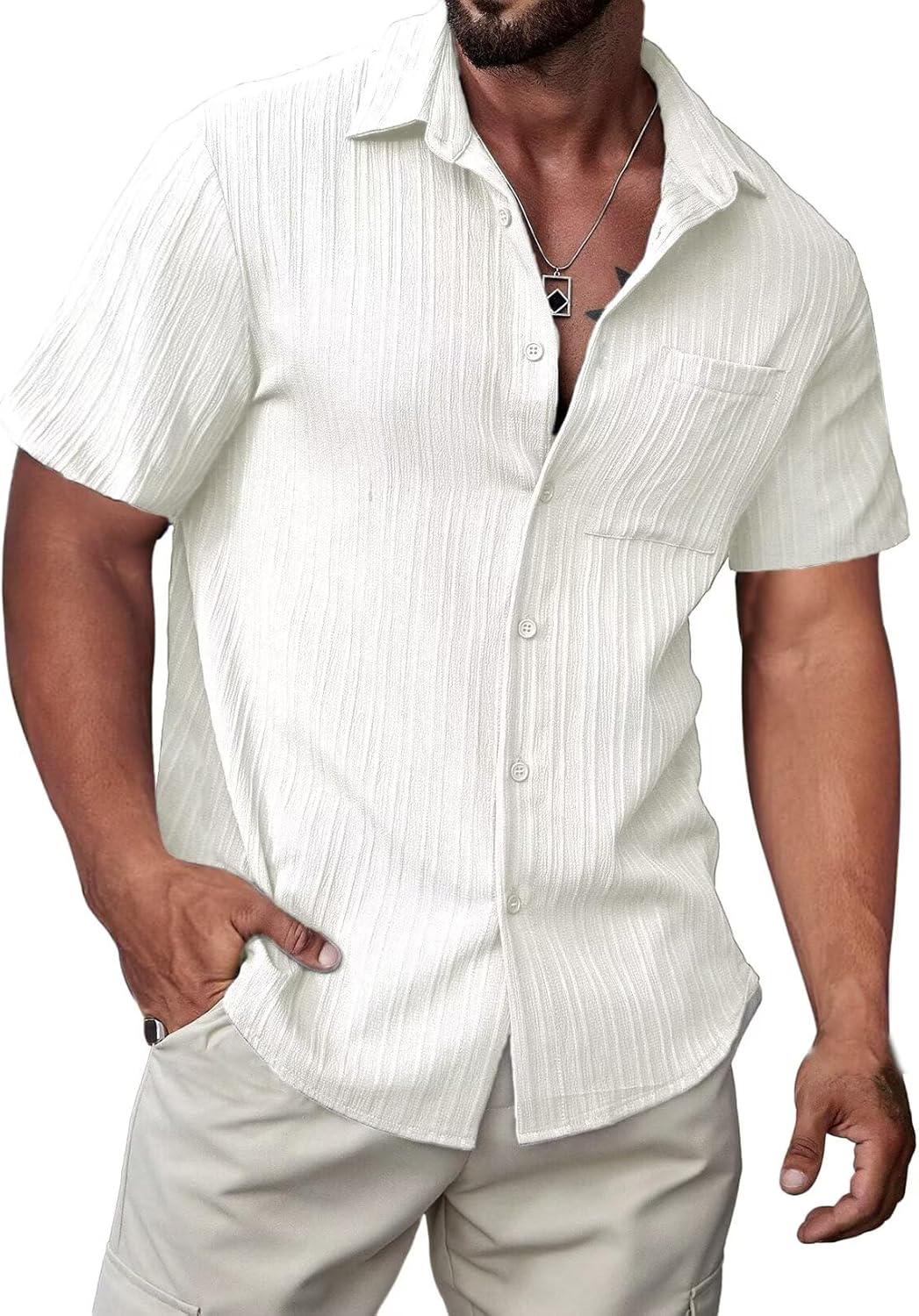 JMIERR Mens Short Sleeve Button Up Shirts Hawaiian Textured Shirt Casual Solid Color Dress Shirt Golf Shirts