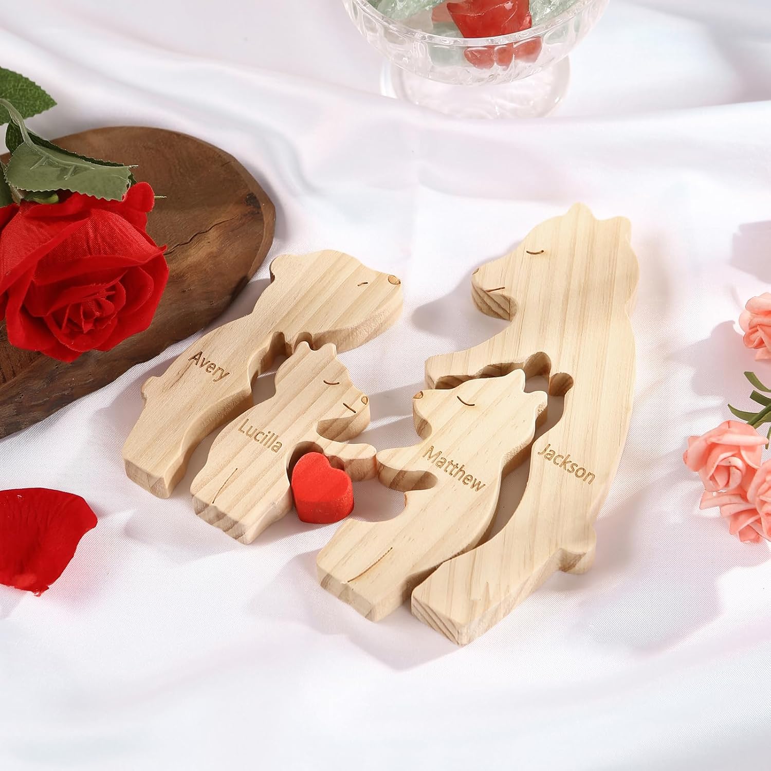 Custom Wooden Bear Family Puzzle with 2-6 Names, Colorful Heart Design, Name Puzzle for Mom & Dad, Ideal for Mother's Day Father's Day Thanksgiving Christmas (Style 1, 4 Names)