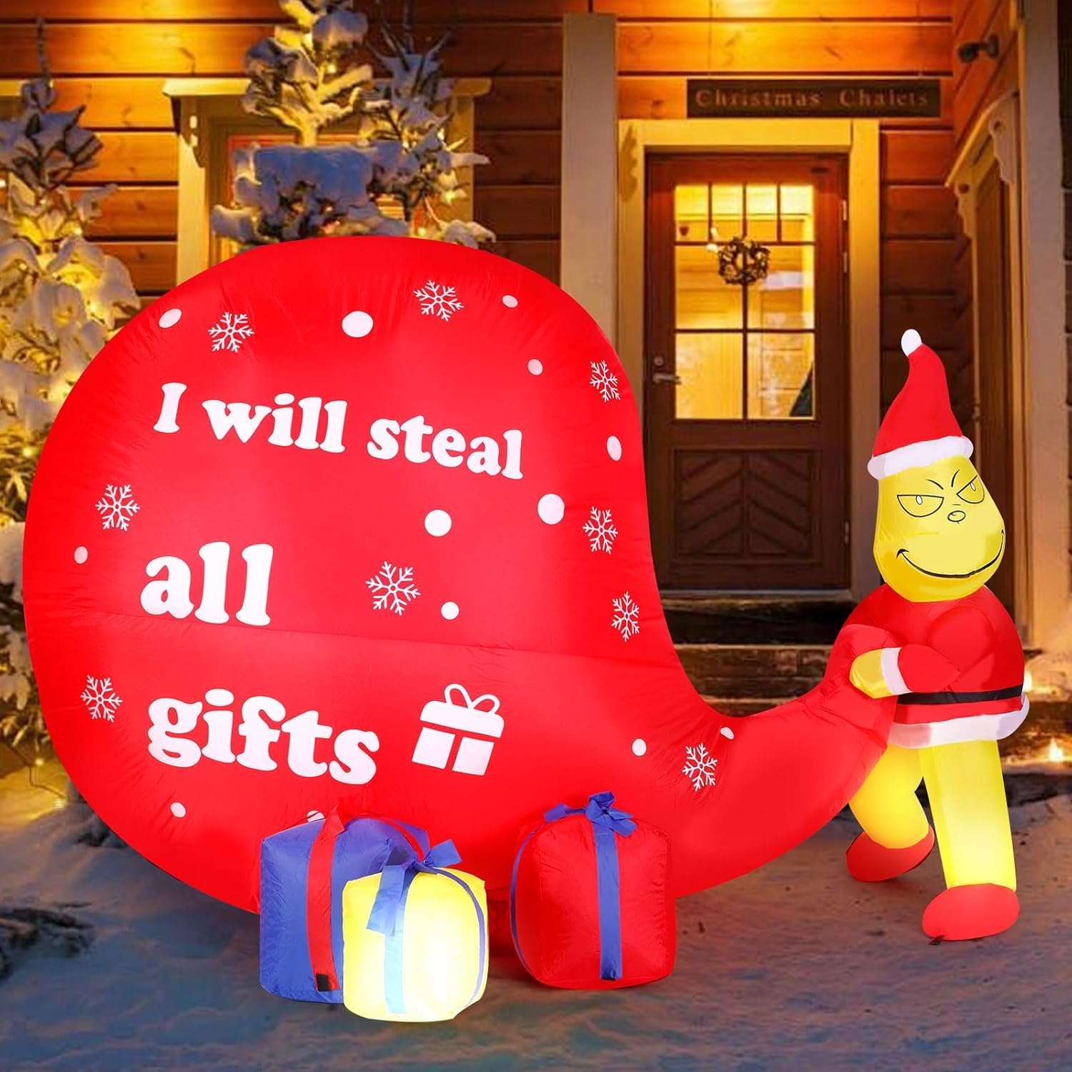 7FT Christmas Green Monster Inflatable Decorations, Indoor/Outdoor Decorative Items, Traction Theft Gift Bags, Built-in 7 Sets of LED Lights, Suitable for Christmas Party Decorations.