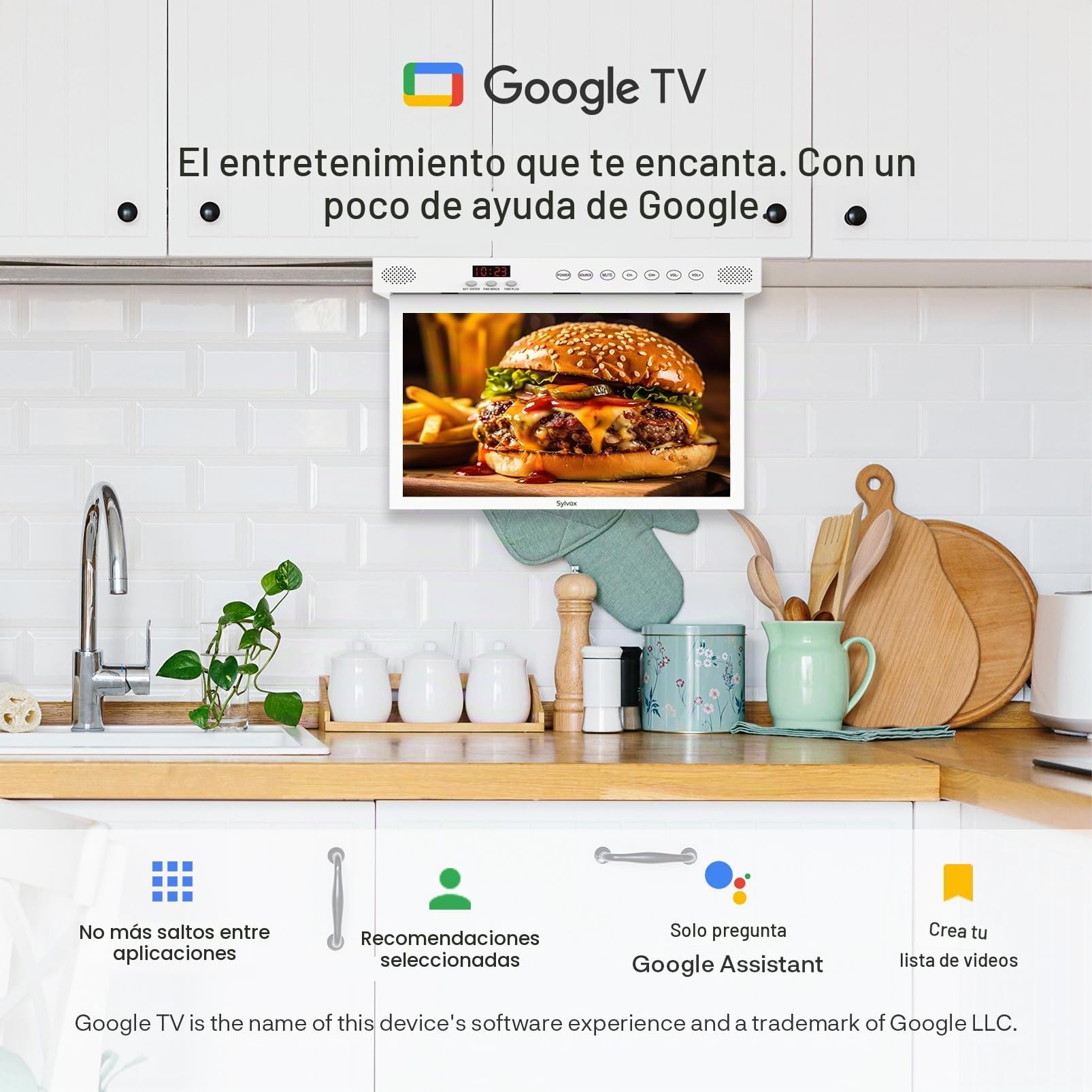 SYLVOX TV de Cocina Plegable 15.6", 90° Ajustable, 1080P, Smart con Google TV,12V Mini Televisor con Rotación 360° | DVB-C/S2/T2 | Wi-Fi | Bluetooth | para Cocina, Camping, Dormitorio(Blanco)
