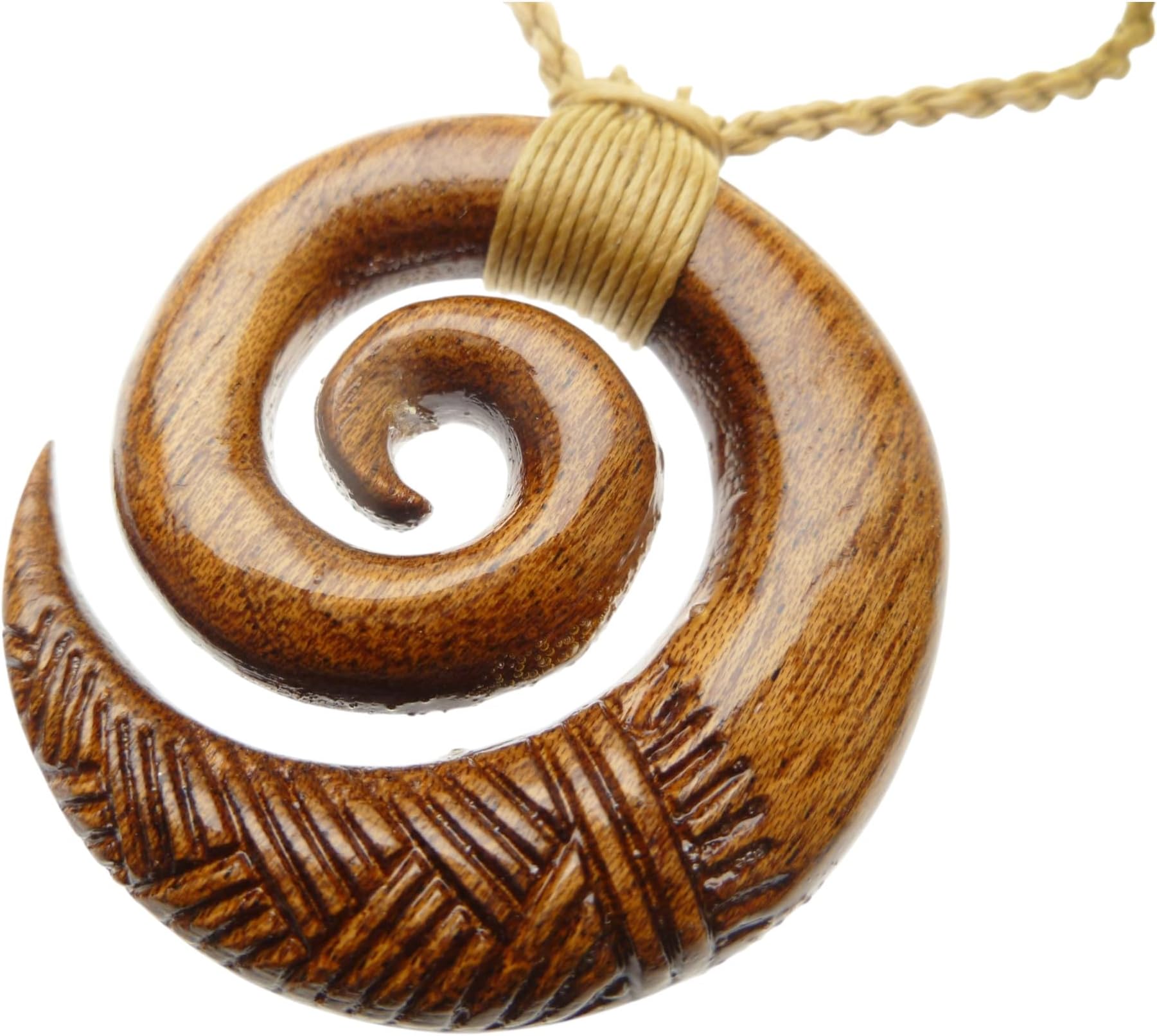 Hawaiian, Natural Koa Wood Pendant Maori Koru w/Adjustable Brown Cord