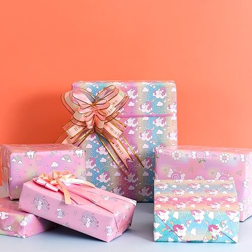Miniatura 4 de PlandRichW Papel de regalo de unicornio plegado para niñas, Barbie, papel de regalo de cumpleaños para mujeres, 4 diseños de princesa rosa de