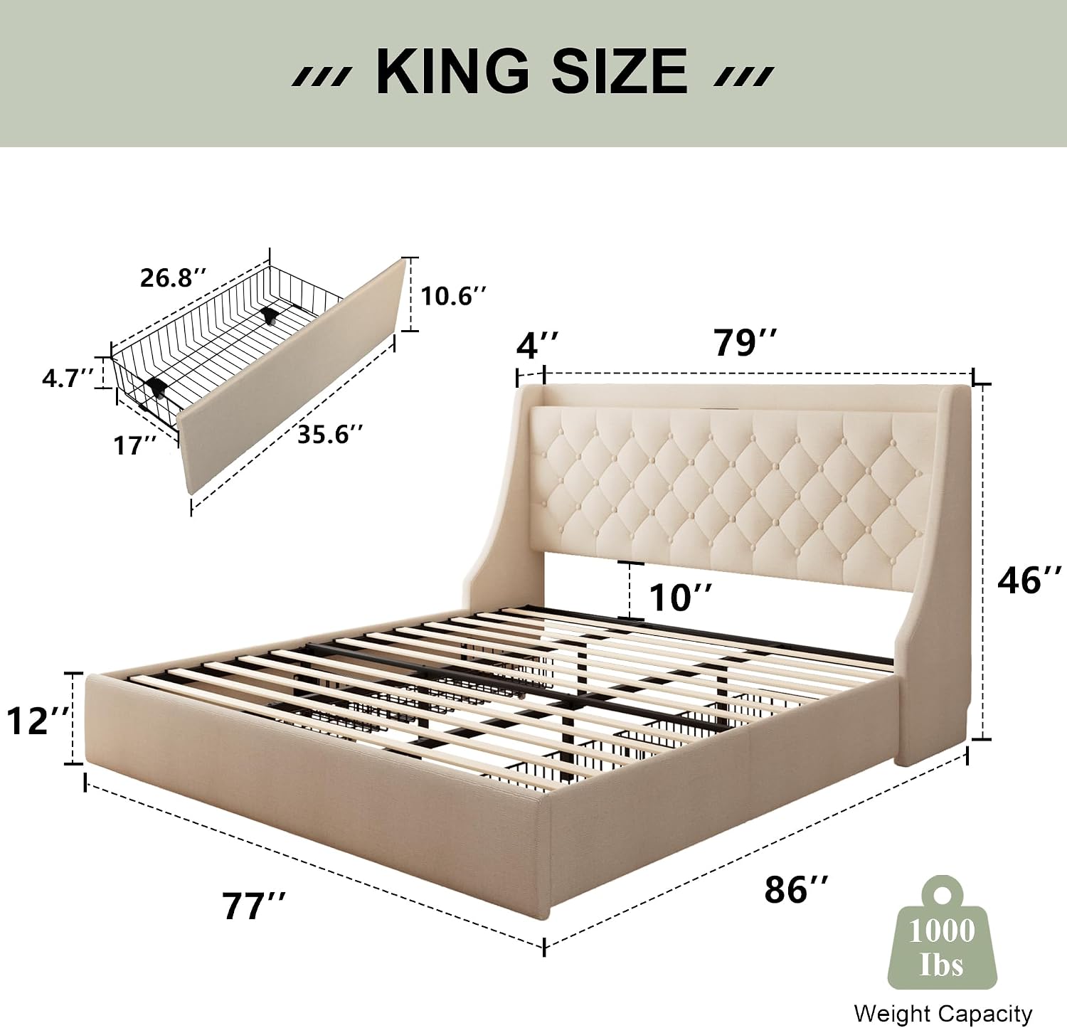 Diagram showing the stable cross structure of the metal frame, noise-free wooden slats, and easy assembly features.