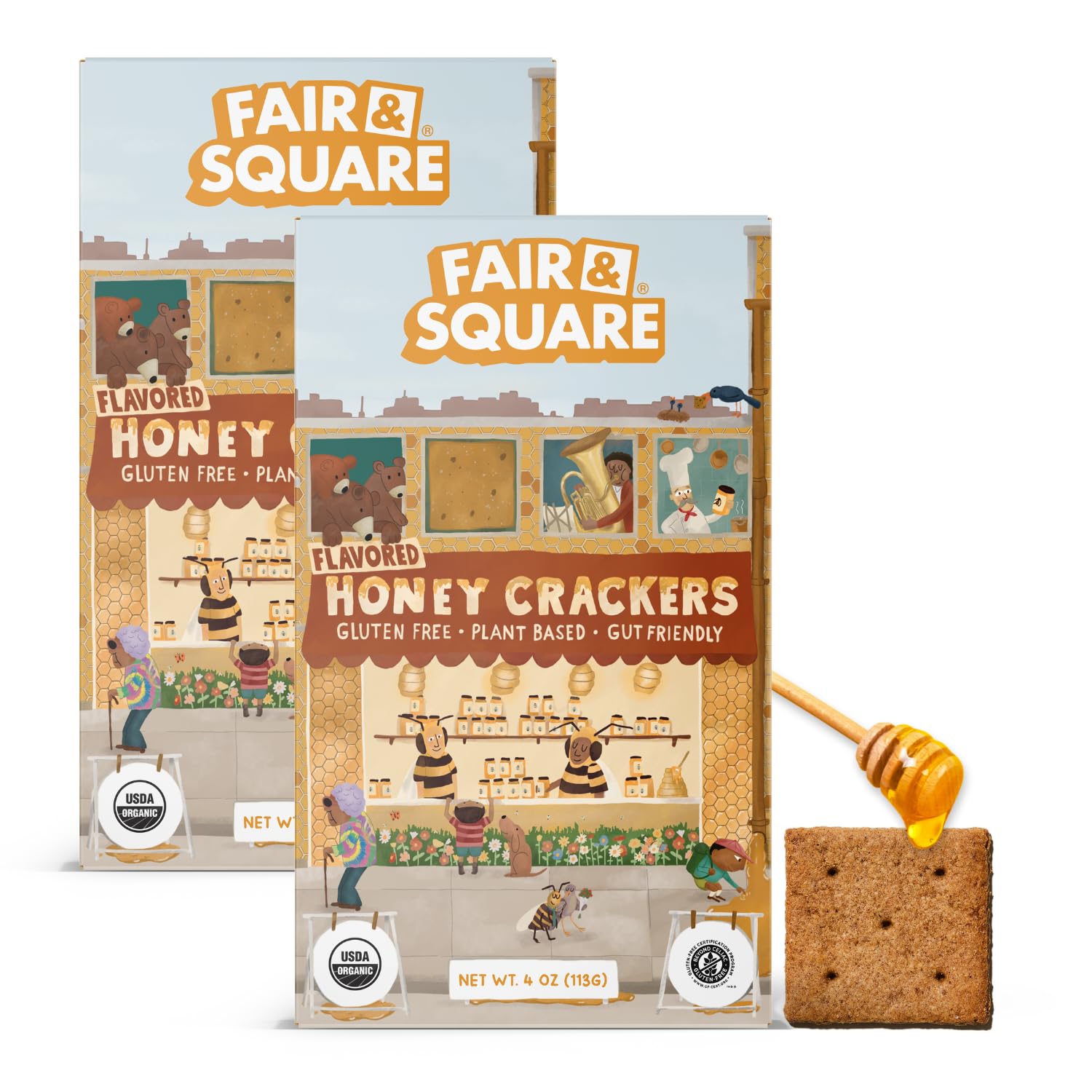 Fair & Square Gluten Free Graham Crackers Powered by Gut Friendly, Prebiotic Banana Flour | Organic, Vegan, Dairy Free, Allergen Friendly, Nut Free, High Calcium, Kosher | 4 oz (Pack of 2) – Honey Graham Crackers