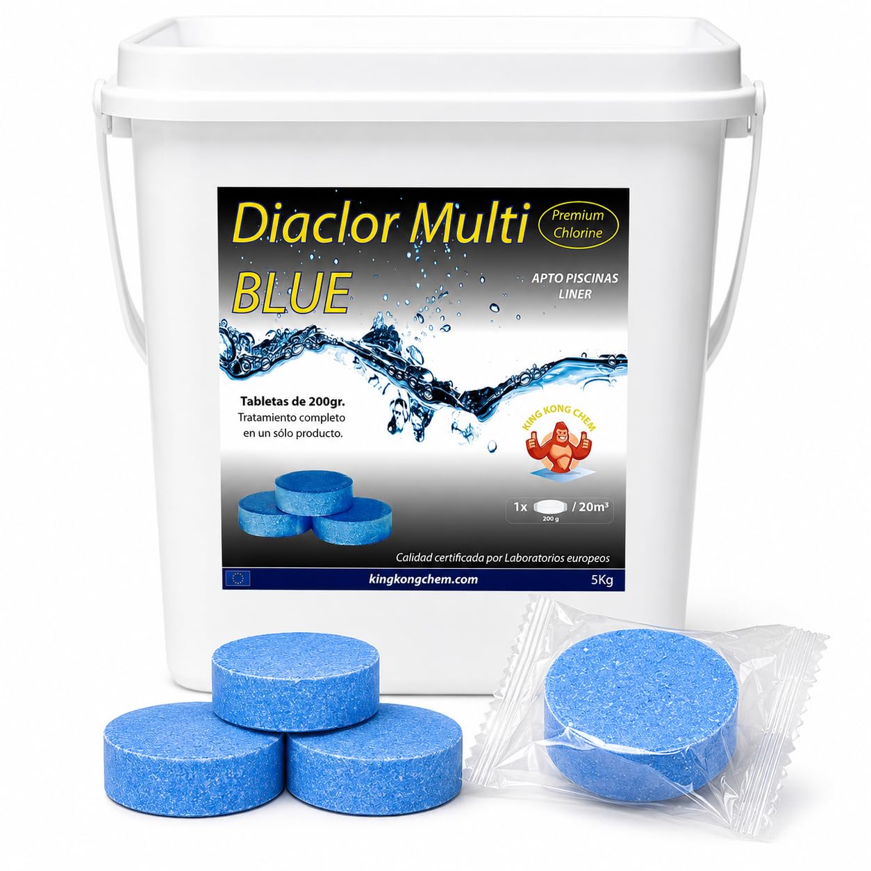 Pastillas de Cloro DIACLOR Multi Blue 200 gr 5 KG Extra clarificante - Envasado Individual - 25 Pastillas de Cloro Multiacción (Pastilla 200 gr - Diámetro 7,5 cm) – SIN Cobre