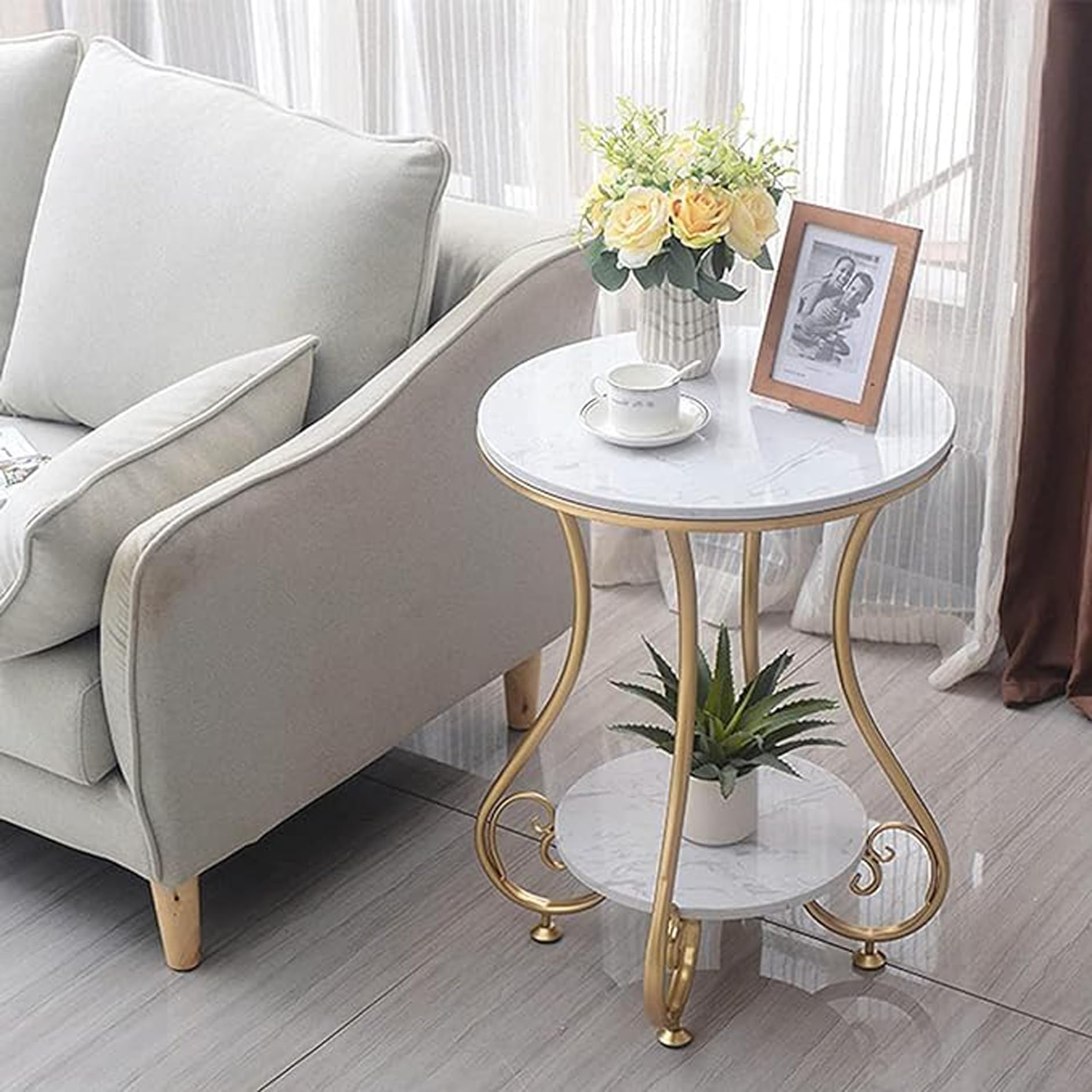ARTIQUO Vintage Round End Table with 2 Shelves and Laminated Finished Marble Top Classic Round Design (White & Golden)