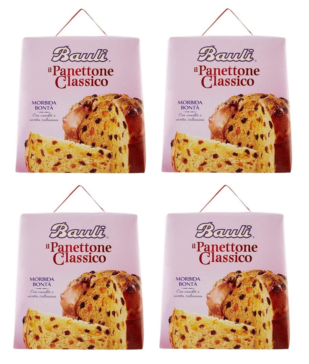 4x Bauli Il Panettone Classico Weihnachtskuchen Backprodukt mit Rosinen und Kandierten Früchten 700g