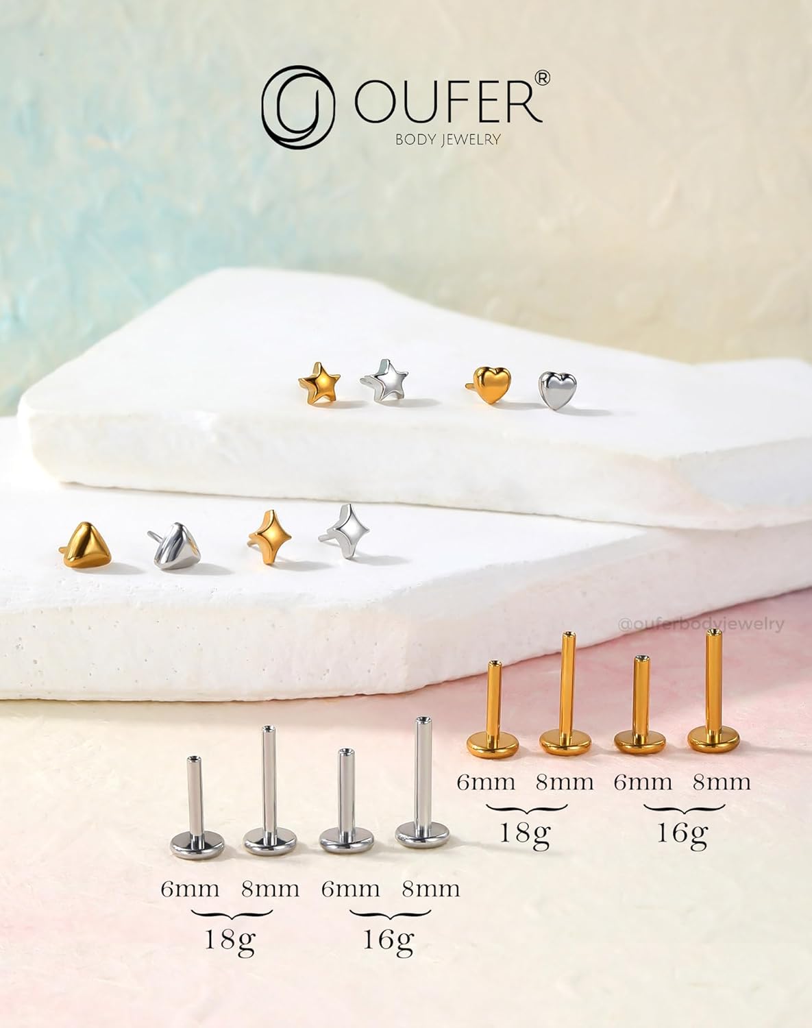 OUFER G23 Titanium Threadless Labret Studs – Flat Back Push Pin Earrings for Tragus, Helix, Monroe, Conch, Lip Piercing – 16G/18G, 6MM/8MM - Image 5