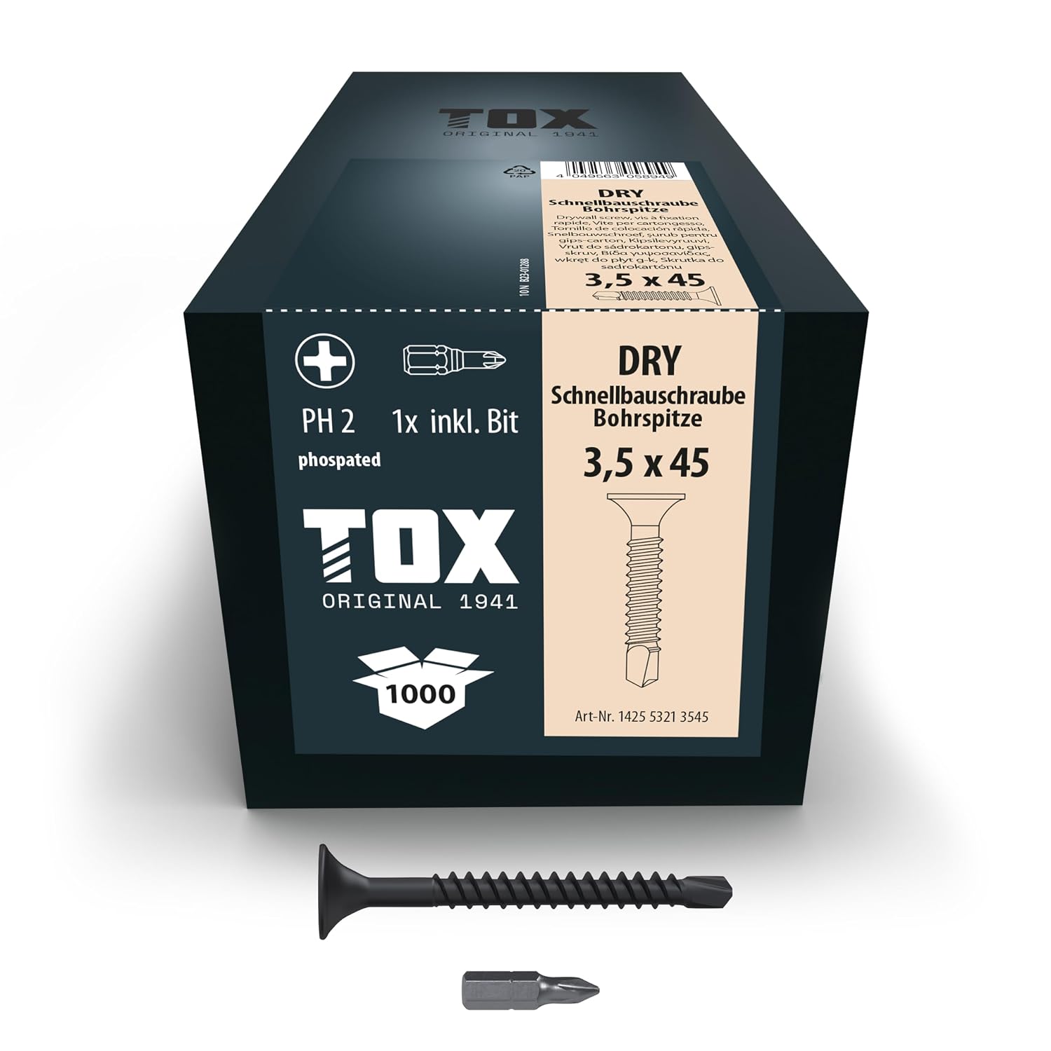 TOX Drywall Screws BS 3.5 x 45 mm, Black Phosphated Screws with Fine Thread + Drill Tip, Plasterboard on Metal Substructure, PH2, Pack of 1000, Includes 1x Bit, 142553213545