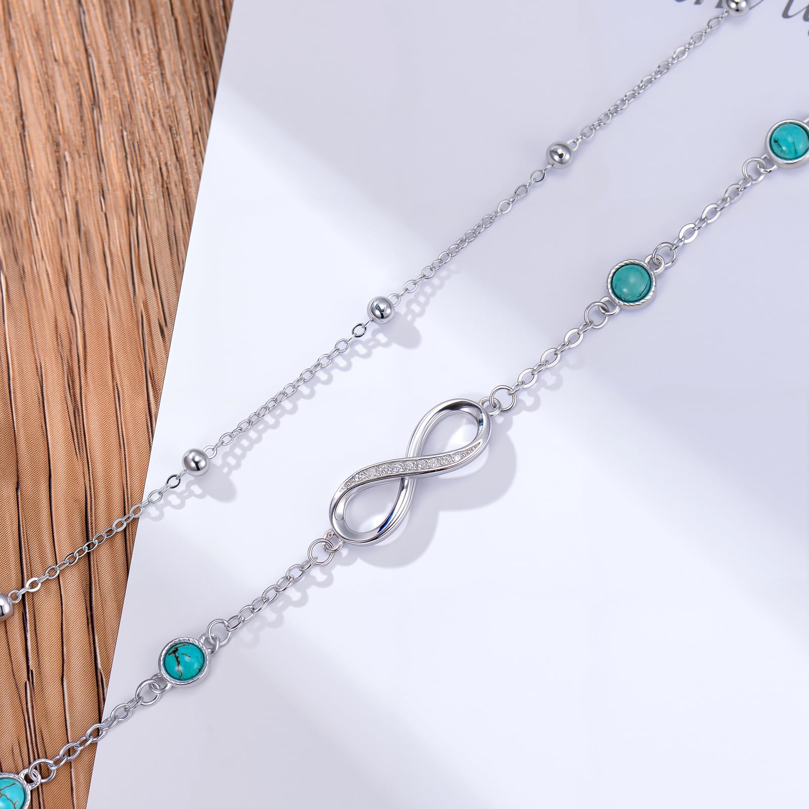 Tobillera de plata de ley 925 con diseño de infinito, turquesa real, ajustable, varias capas, regalo para mujeres