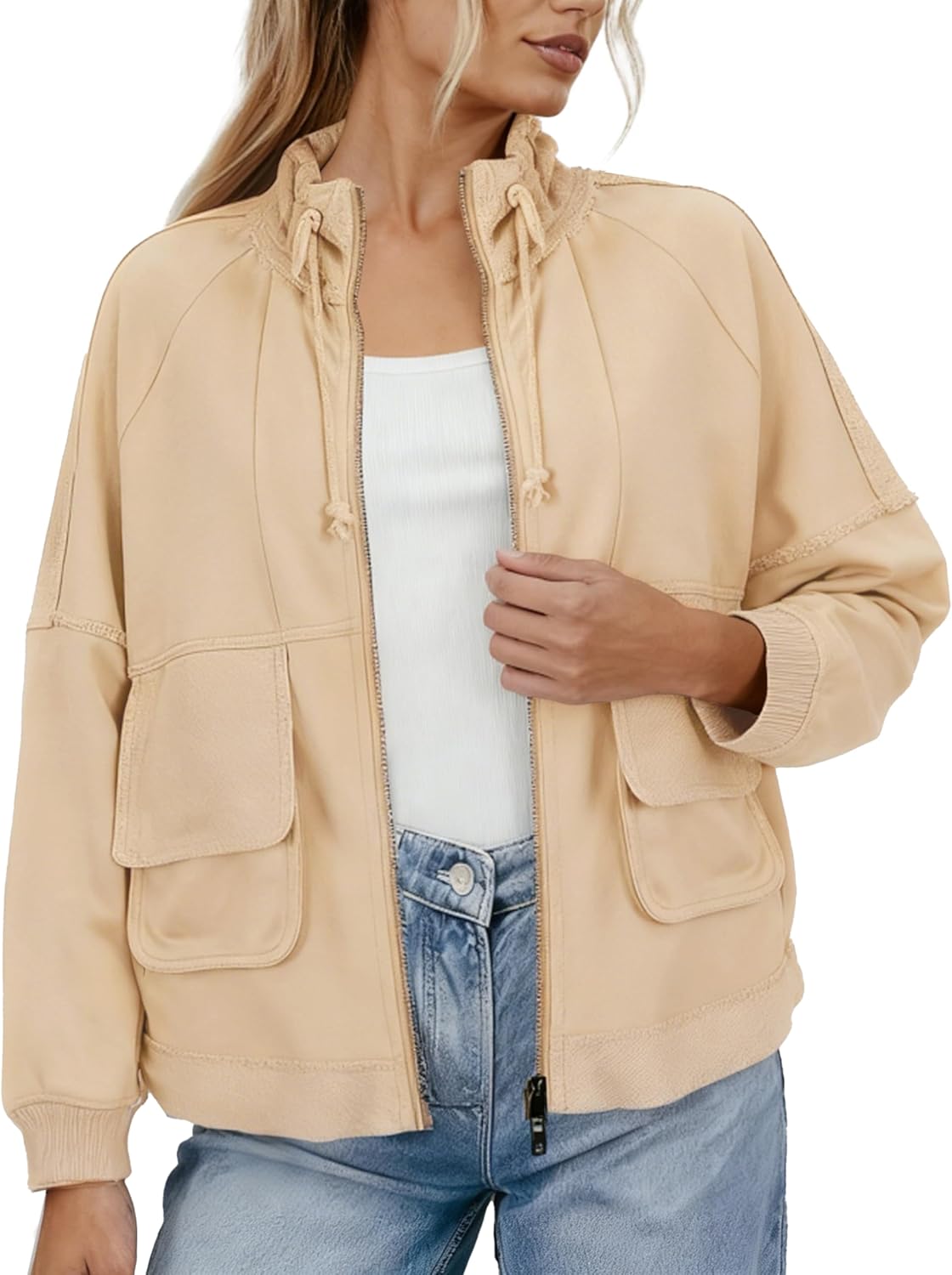 Fiona Jolin Womens Fall Casual Jackets Cotton Classic Zipper Fashion Coat Adjustable Stand Collar Streetwear with Pockets