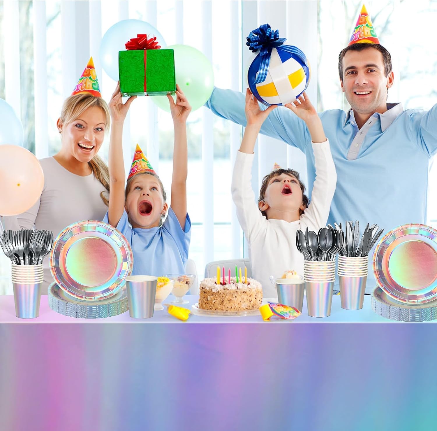 Iridescent Party Supplies Decorations,132 Pcs Disposable Iridescent Paper Party Plates Cups Knives Spoons Fork for Birthday Wedding Outdoor Picnic,Disposable Plastic Tablecloths for Dinner,Holiday - Image 6