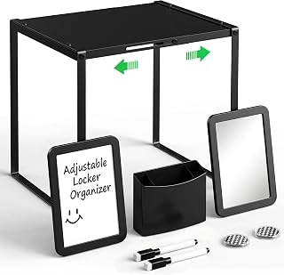 Adjustable Black Locker Shelf Organizer Kit for School Locker Decor | Easy Assembly, Metal Locker Accessories with Shelf, Mirror, Pen Holder, Whiteboard for Home Office Gym, Teacher Supplies