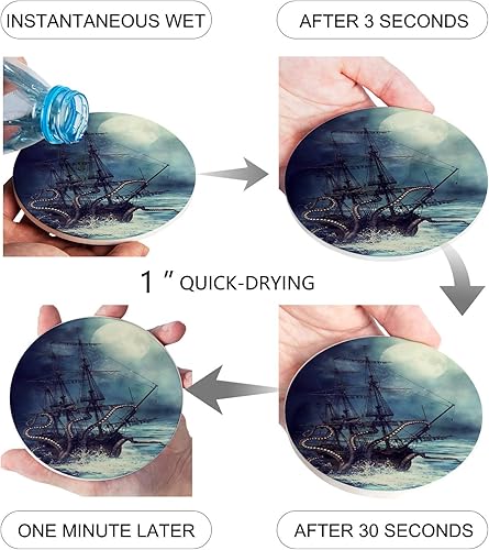 Miniatura 3 de Kraken Octopus Monster Pirate Ship - Juego de 4 posavasos de cerámica redonda absorbente con respaldo de corcho para el hogar, regalo de