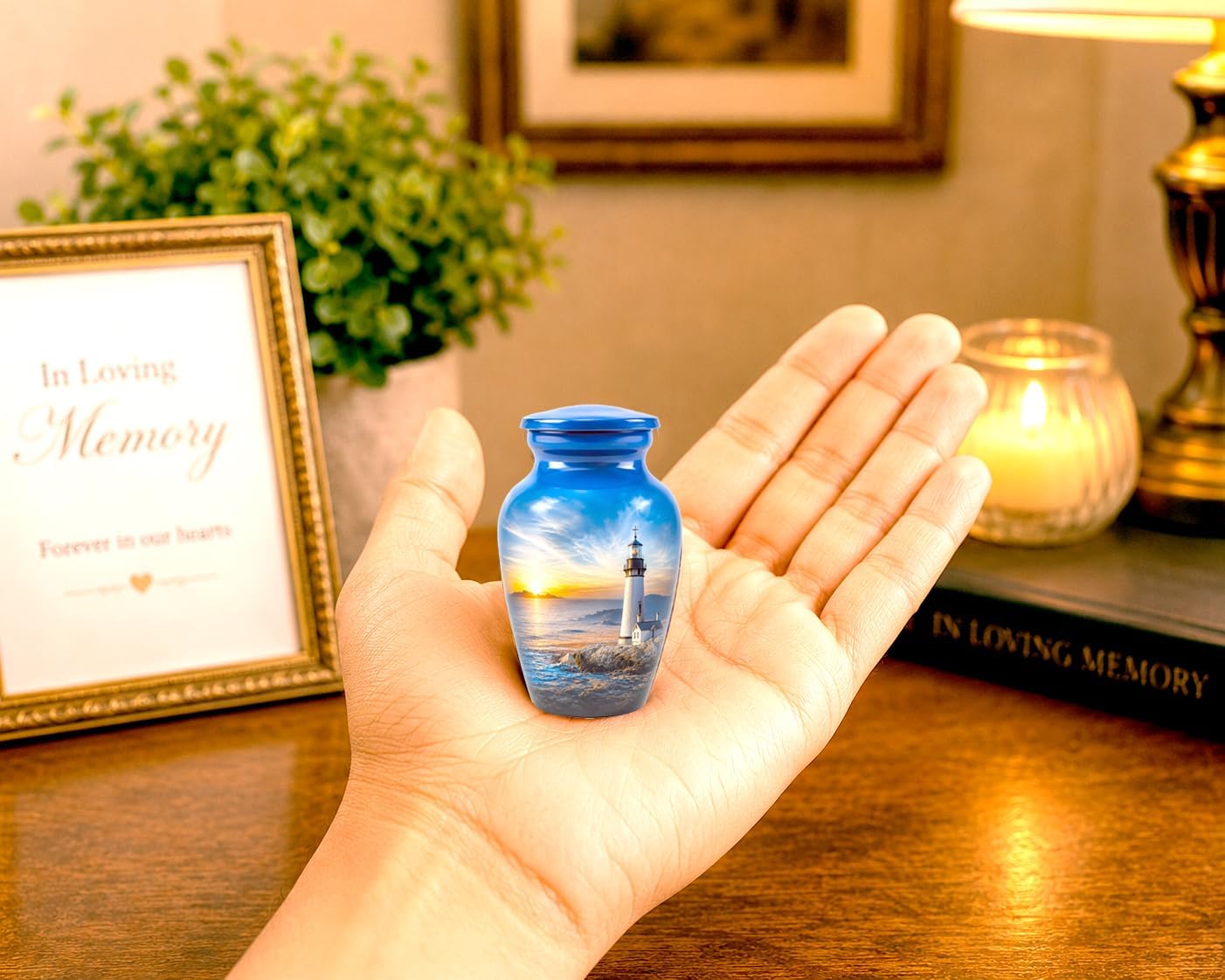 Lighthouse Keepsake Cremation Urn | Small Memorial Urn for Human Ashes | Nautical Coastal Mini Funeral Urn | Lighthouse Sunset Ashes Keepsake