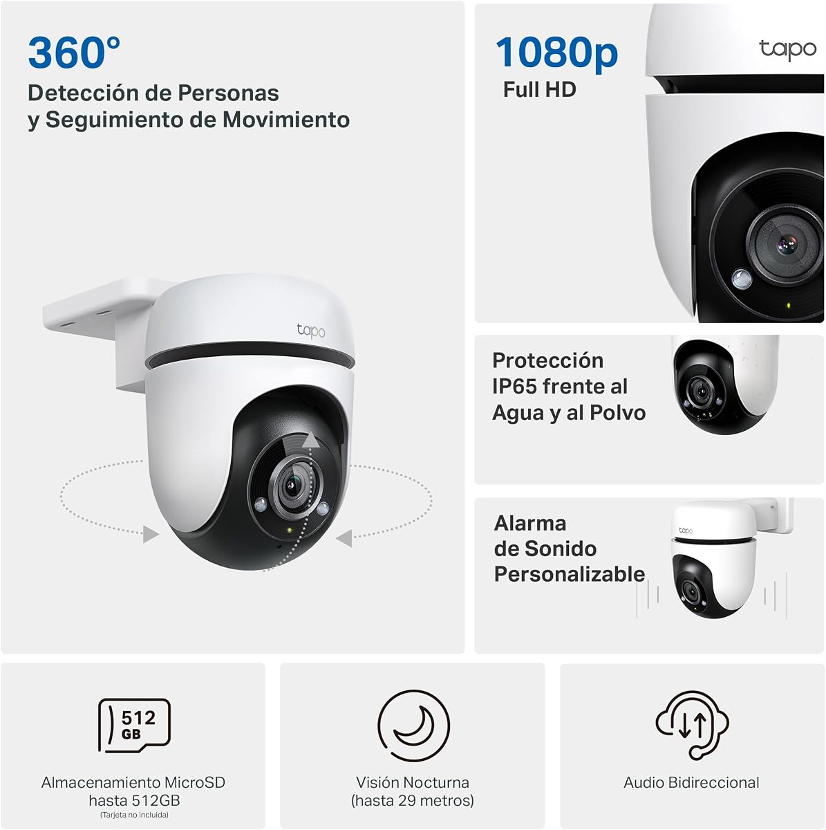 Tapo TP-Link 1080p Full HD Outdoor Pan/Tilt Security Wi-Fi Camera, 360° Motion Detection, IP65 Weatherproof, Night Vision, Cloud &SD Card Storage, Works with Alexa&Google Home (C500) White