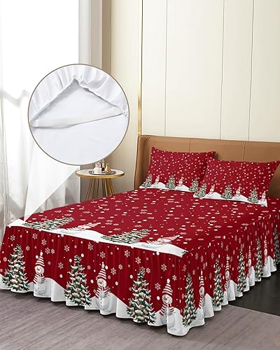 Miniatura 4 de Faldas de cama plisadas para cama King de 78 x 80 pulgadas, diseño de muñeco de nieve blanco y muñeco de nieve, minimalismo, decoración de invierno,