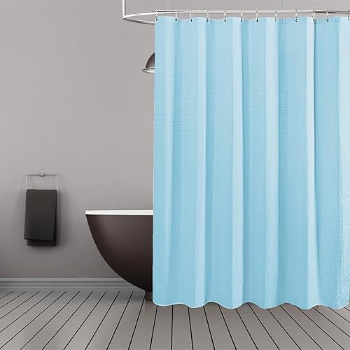 Cortina de ducha de tela con parte inferior pesada, tejido de gofre azul niebla, 12 ojales resistentes a la corrosión, calidad de hotel, 72 x 72