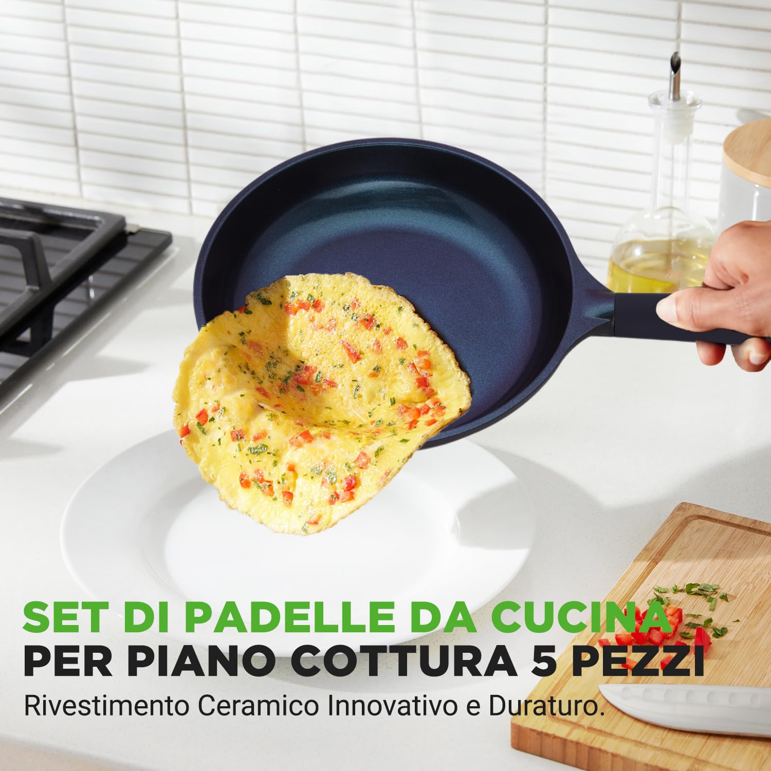 NutriChef Set 5 Pezzi con Padella Antiaderente in Ceramica, Wok, Padelle Antiaderenti per Griglia e Pesce, Compatibili Induzione, Manici Isolanti, Facile da Pulire