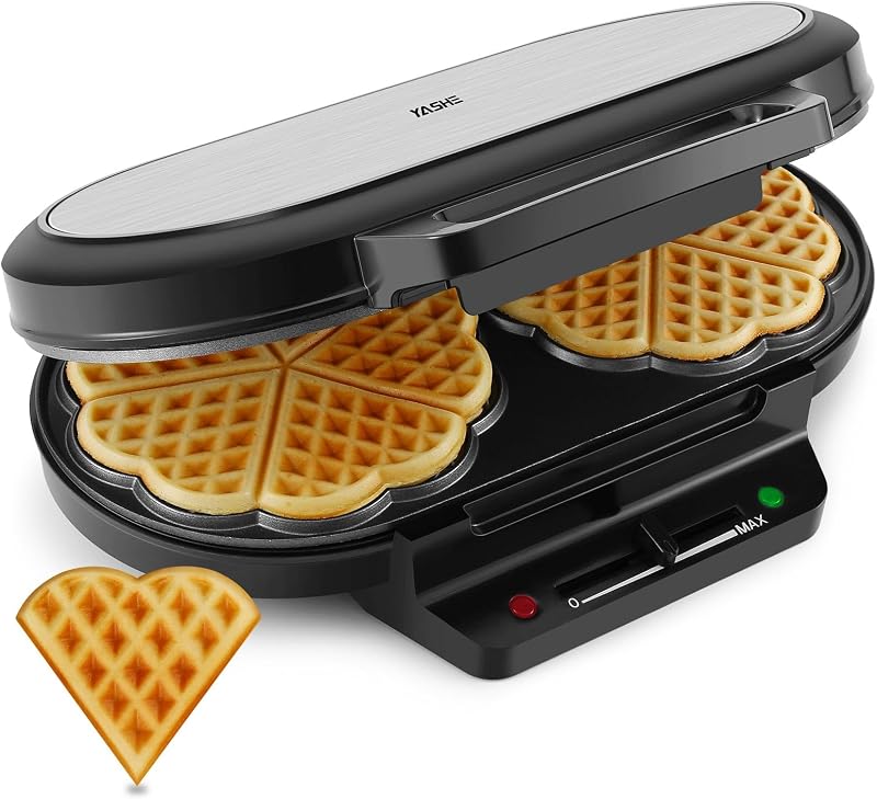 YASHE Szív alakú dupla gofrisütő, 1200W, 5 hőfok, tapadásmentes bevonat