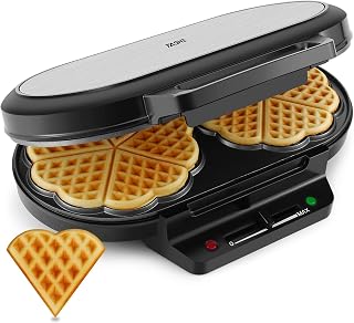 YASHE Waffeleisen Herzform Doppelt, 10 Klassische Herzförmige Waffeln mit Antihaftbeschichtung, 5 Einstellbare Temperaturstufen, Kontrollleuchten, Überlaufschutz, 1200W, Silber/Schwarz