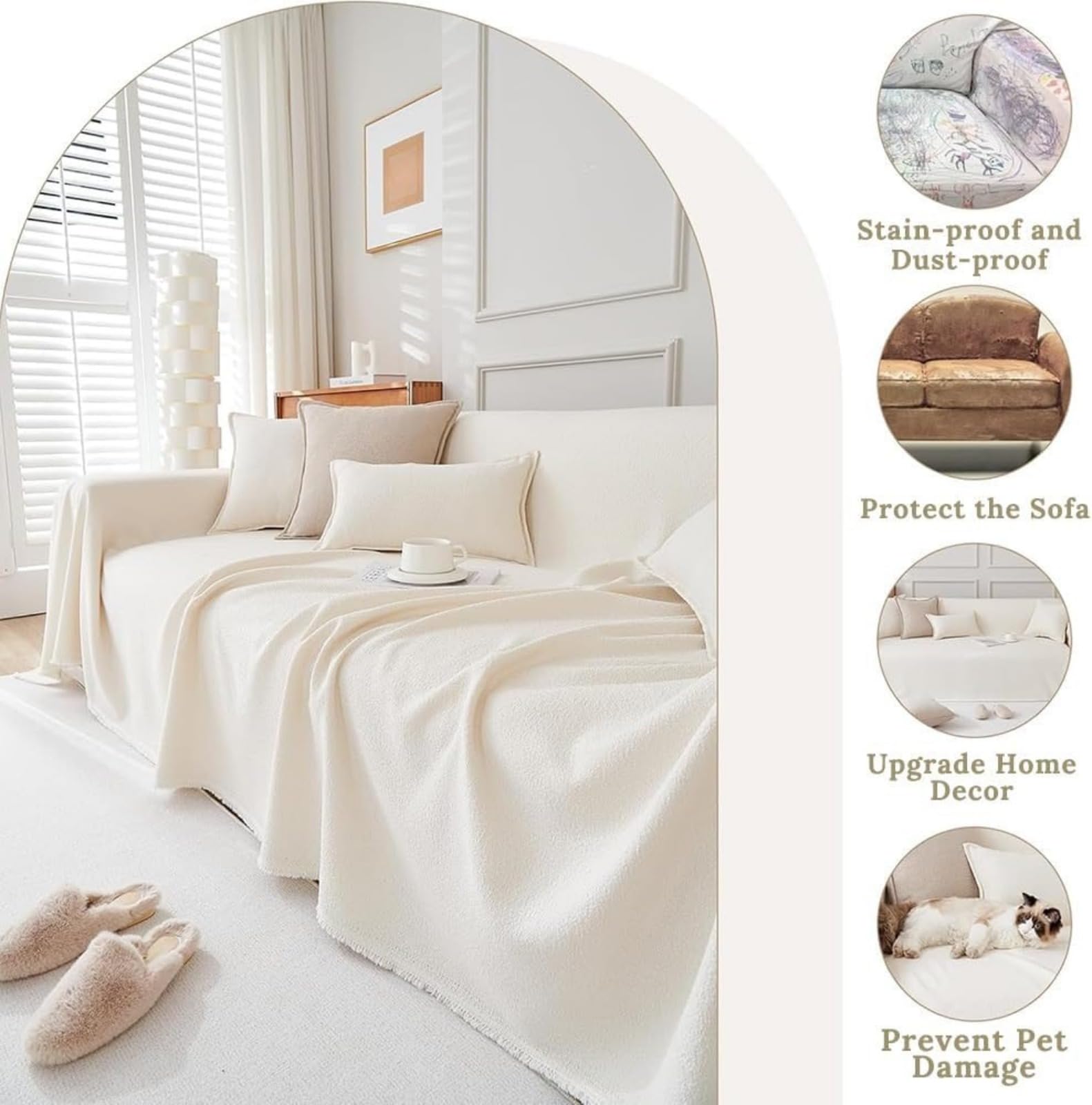 Plaid Canape Grande Taille Crème, Impermeable Chat Anti Griffe Couverture Canape Universelle 1 2 3 4 Places Angle Décorative Housse de Canapé idéal comme Jeté de Canapé ou Couvre-lit