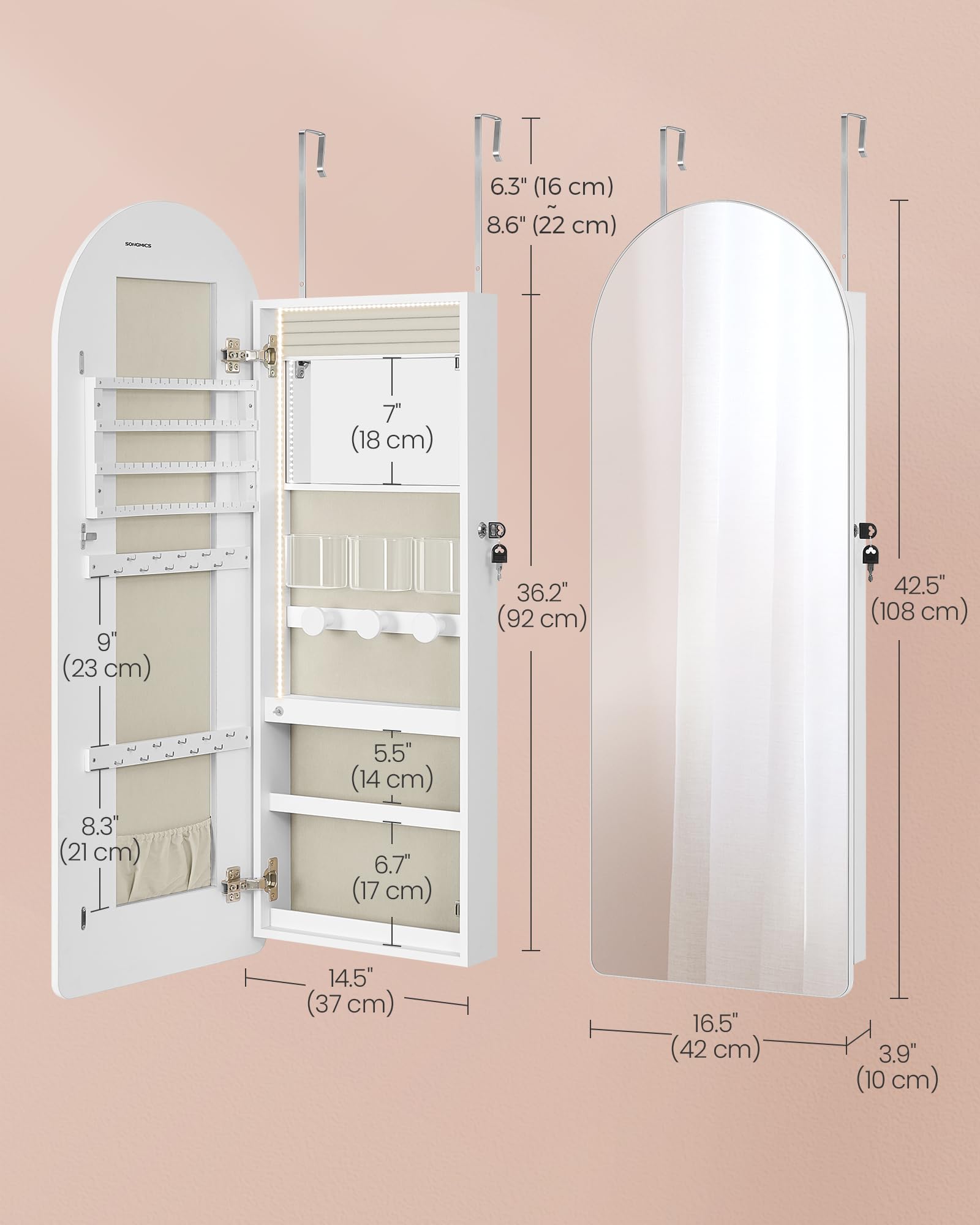 SONGMICS Wide Jewelry Organizer, LED Jewelry Cabinet Wall/Door Mounted, Arched Mirror with Storage, Lockable, Rounded Corner, Interior Mirror, 3.9 x 16.5 x 42.5 Inches, Cloud White UJJC020W01