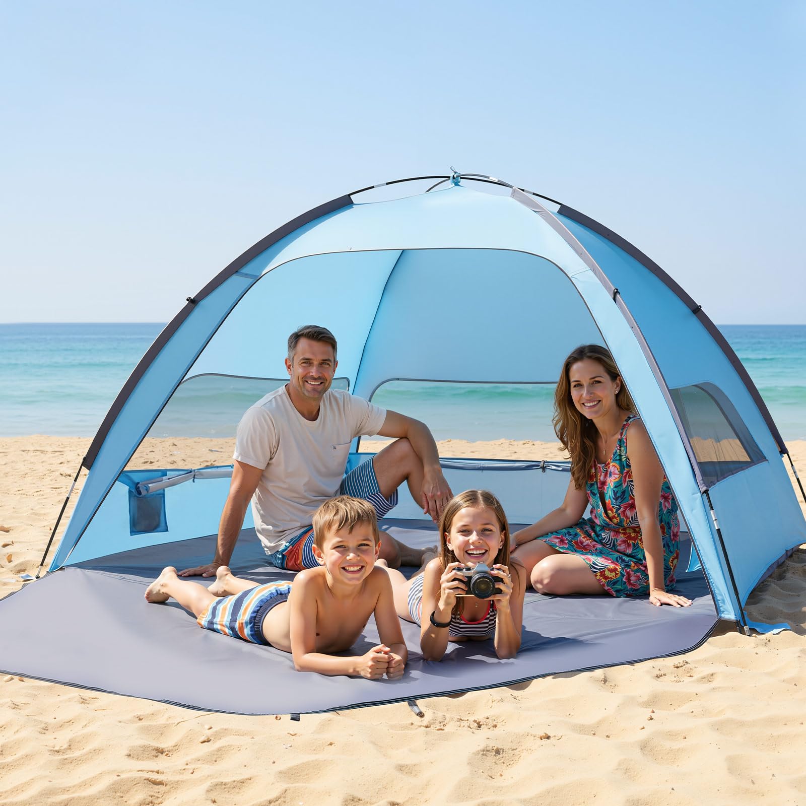 VEVOR Tenda da Spiaggia Parasole per Mare per 4 Persone, Tenda da Sole Portatile con Borsa per il Trasporto e Ancoraggi a Terra, Ombrellone da Spiaggia Leggero per Campeggio, Pesca, Picnic
