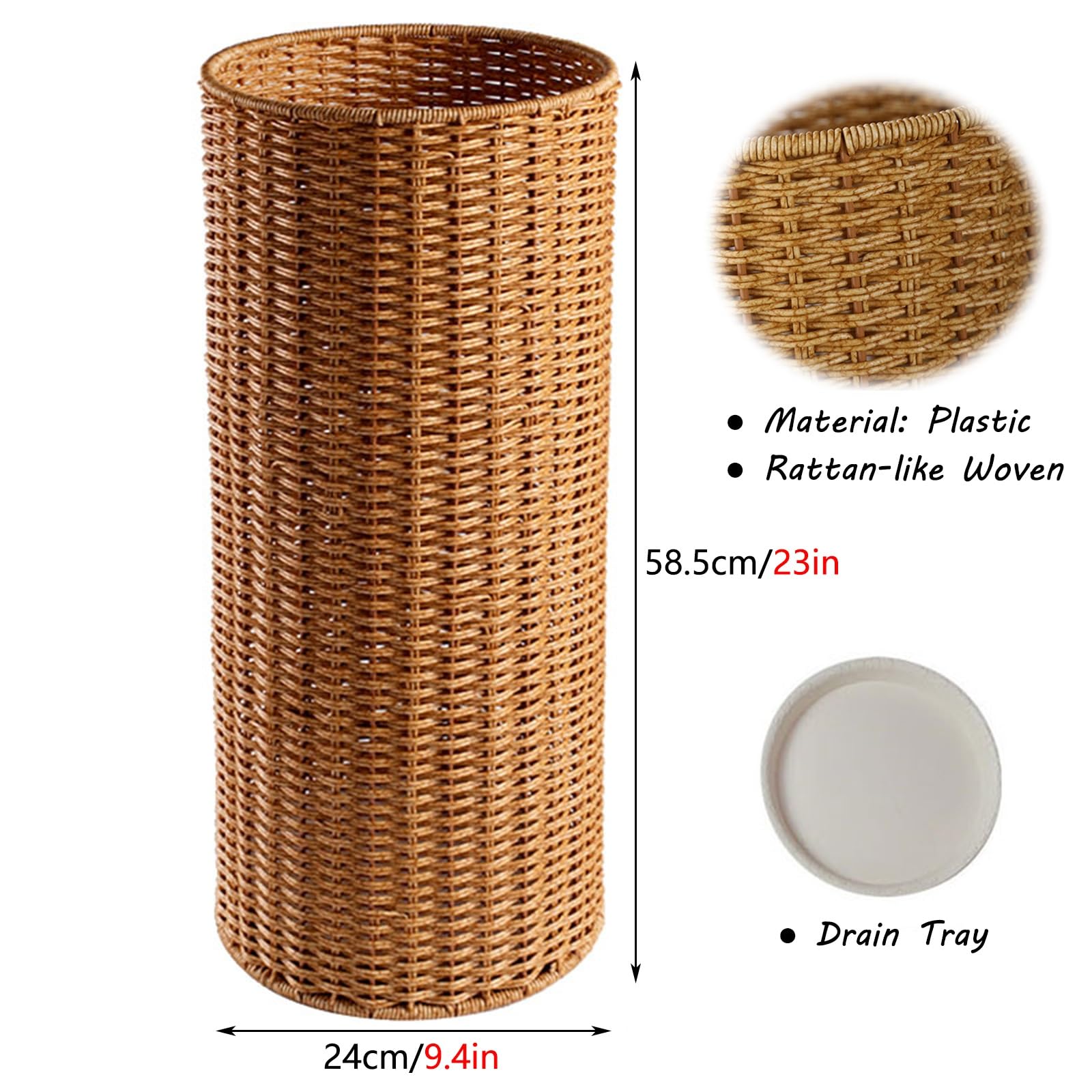 NEVKA Rattan-Like Woven Umbrella Bin Waterproof, Rustic Garden Style Umbrella Storage Container for Holiday Villas Garden Hallway, Durable Rack Stand for Umbrellas Flowers Posters Paintings