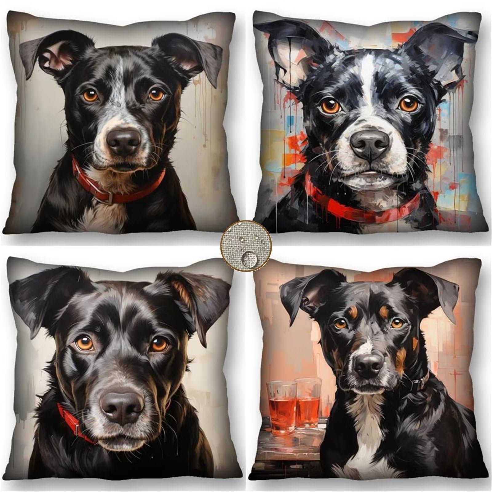 Housses de Coussin Aesthetic 60x60 cm :Lot de 4 pour Coussin de Canapé et Salon - Chiens, Lin Coussin Exterieur Impermeable pour Chaise, Lit et Jardin en Noir, Parfait pour Coussin Canape Decoration