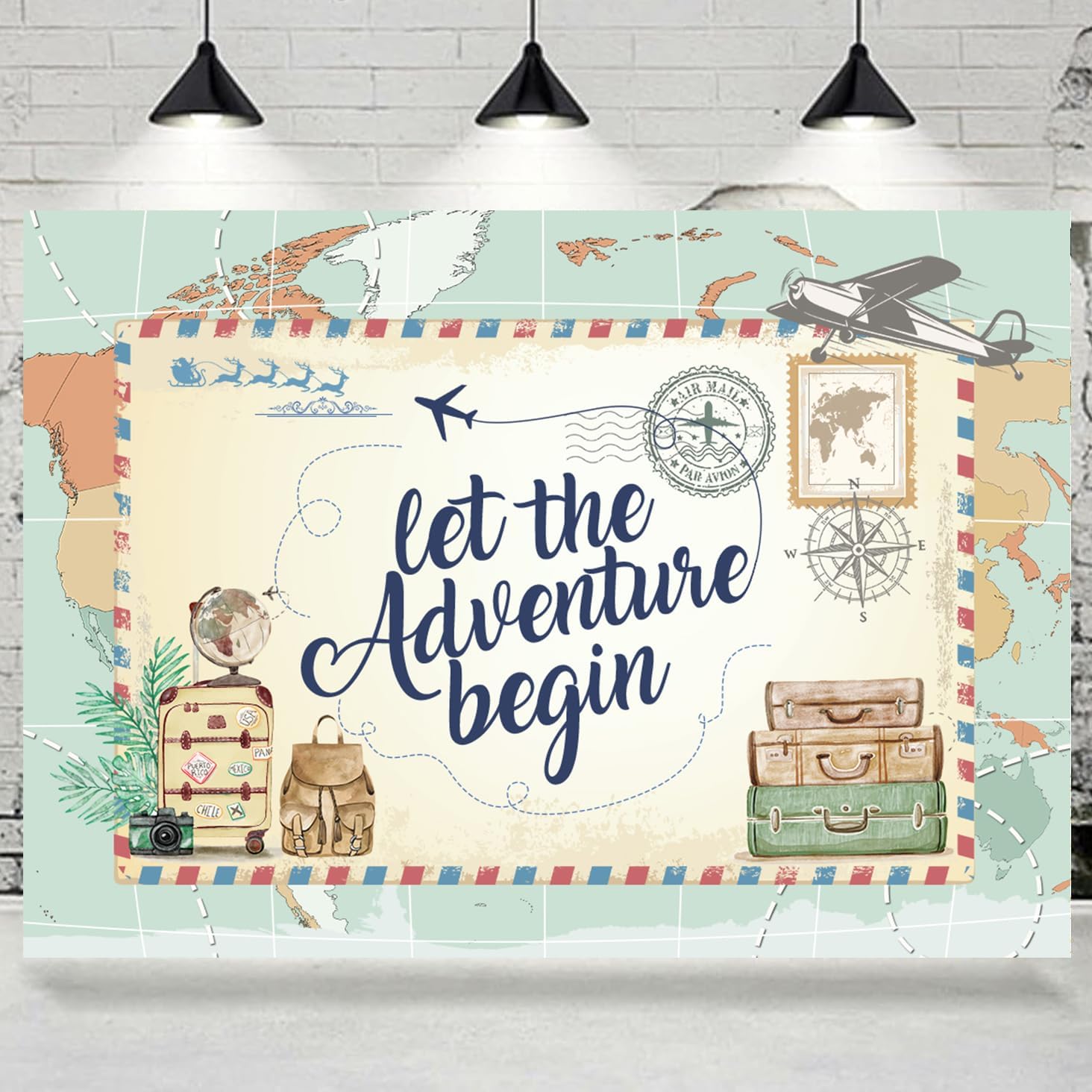 Withu Let The Adventure Begin Backdrop Sign Adventure Awaits Photography Background Global Travel World Map Luggage Airplane Birthday Baby Shower