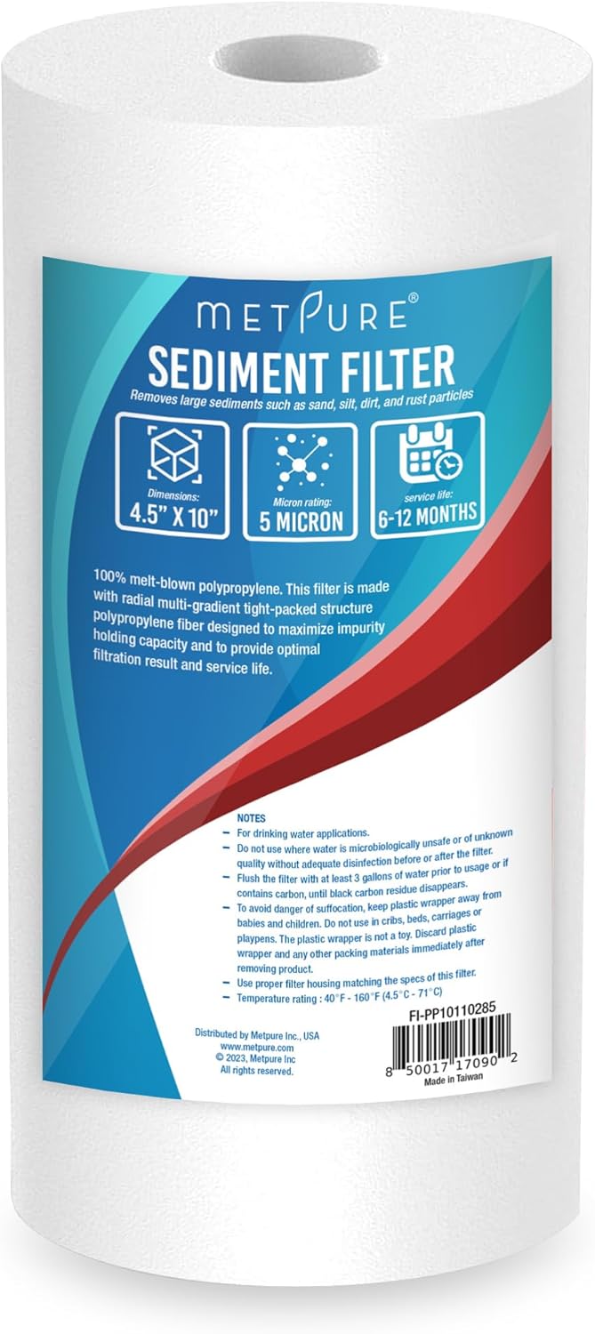 Metpure 4.5 x 10 inch Sediment Filter - 5 Micron Melt-Blown Polypropylene Whole House Water Filter Cartridge. Compatible with Pentek, Culligan, GE, Whirlpool, and more!
