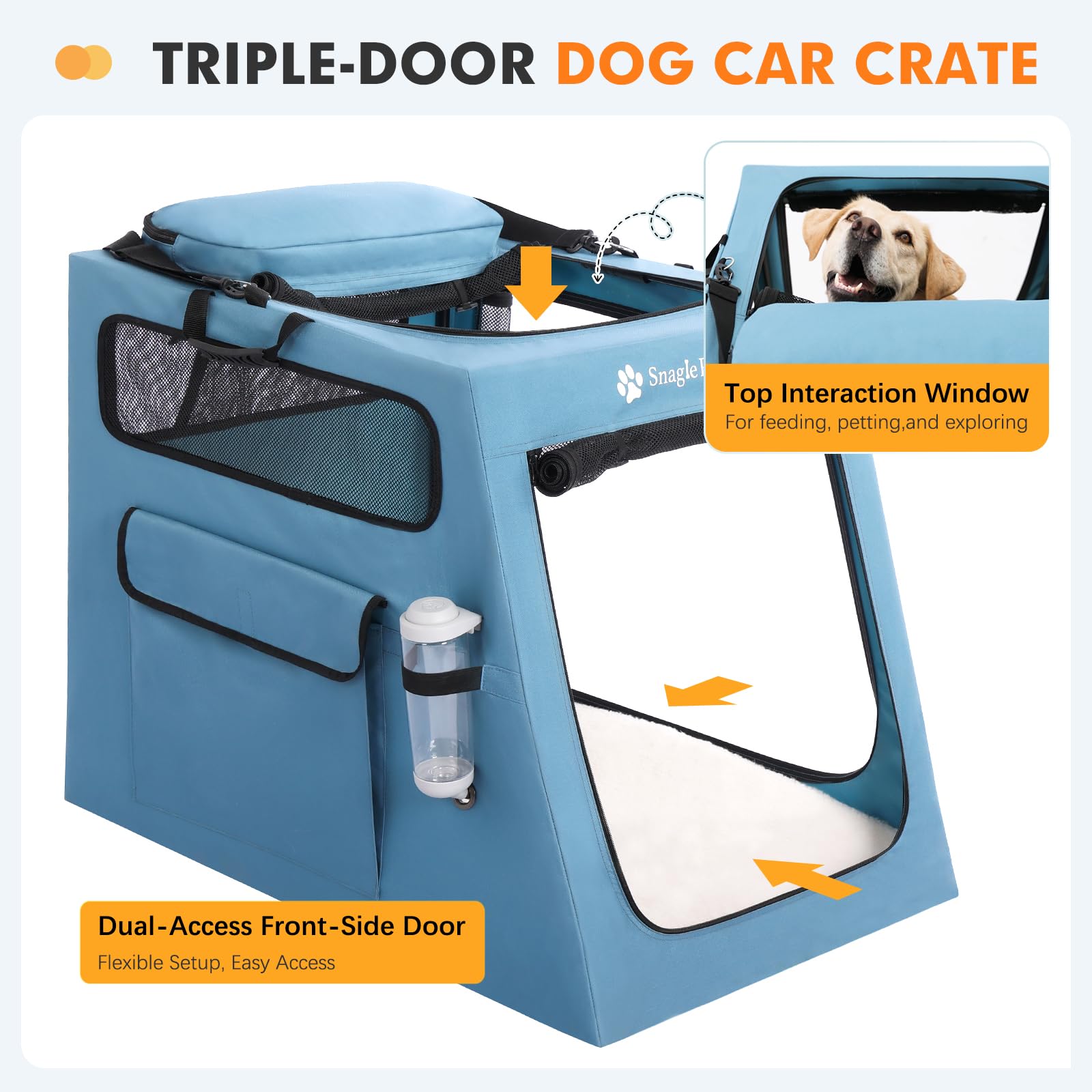 Snagle Paw Jaula portátil para perros para viajes en coche, plegable, grande, con marco de metal y ventanas de malla de 3 puertas, se asegura en el maletero/asiento trasero, transportador de perrera