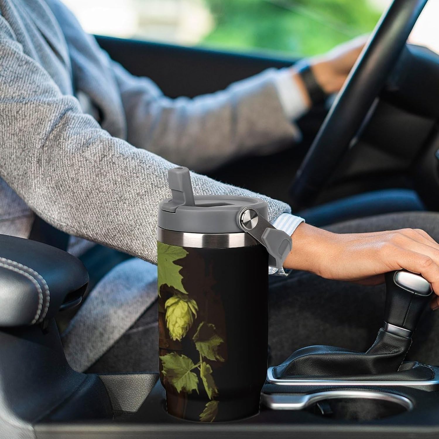 30oz Insulated Tumblers with Top Handle, Stainless Steel Beer And Hop Cones Car Cup with Straw for Gift, Leak-Proof Double Wall Vacuum Travel Mug, Personalized Water Bottles White