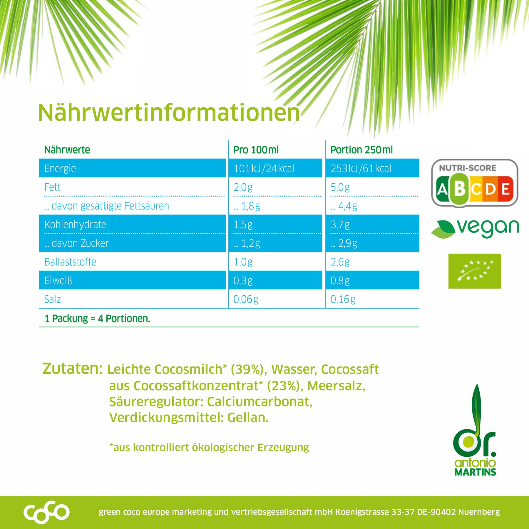 Dr. Antonio Martins - Coco Milk for Drinking mit 2,0% Fett I Leckere Milch Alternative I Ohne Zuckerzusatz | Vegan | Bio | FAIRTRADE (12x 1000 ml)