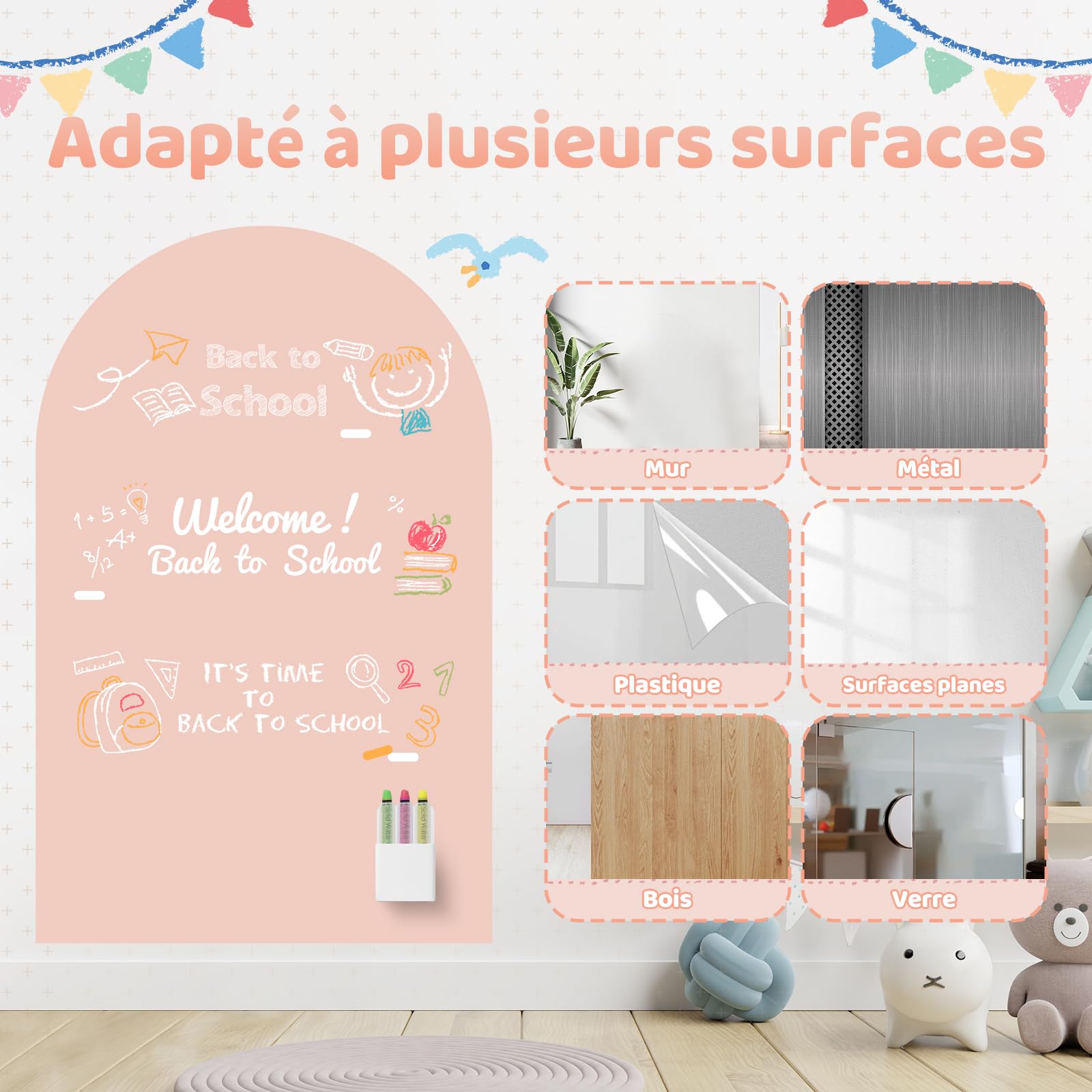 Tableau noir magnétique pour enfants, 120 x 60 cm tableau mural magnétique arqué couleur camel, incluant 12 craies, 1 chiffon de nettoyage, 6 porte-craies, 1 boîte de rangement