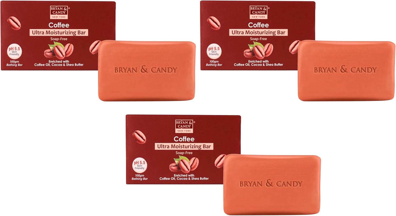 3 x Bryan & Candy Coffee Ultra Moisturizing Bathing Bar Enriched with Coffee Oil, Cocoa shea Butter Skin Friendly pH 5.5-100gm Each
