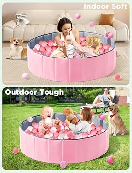 Foldable Ball Pool Playground - 90 Pieces Gift Balls, Easy Installation Foldable Design, Cleanable Erasable Fabric, Safe Baby and Kids Activity Playground, Pink