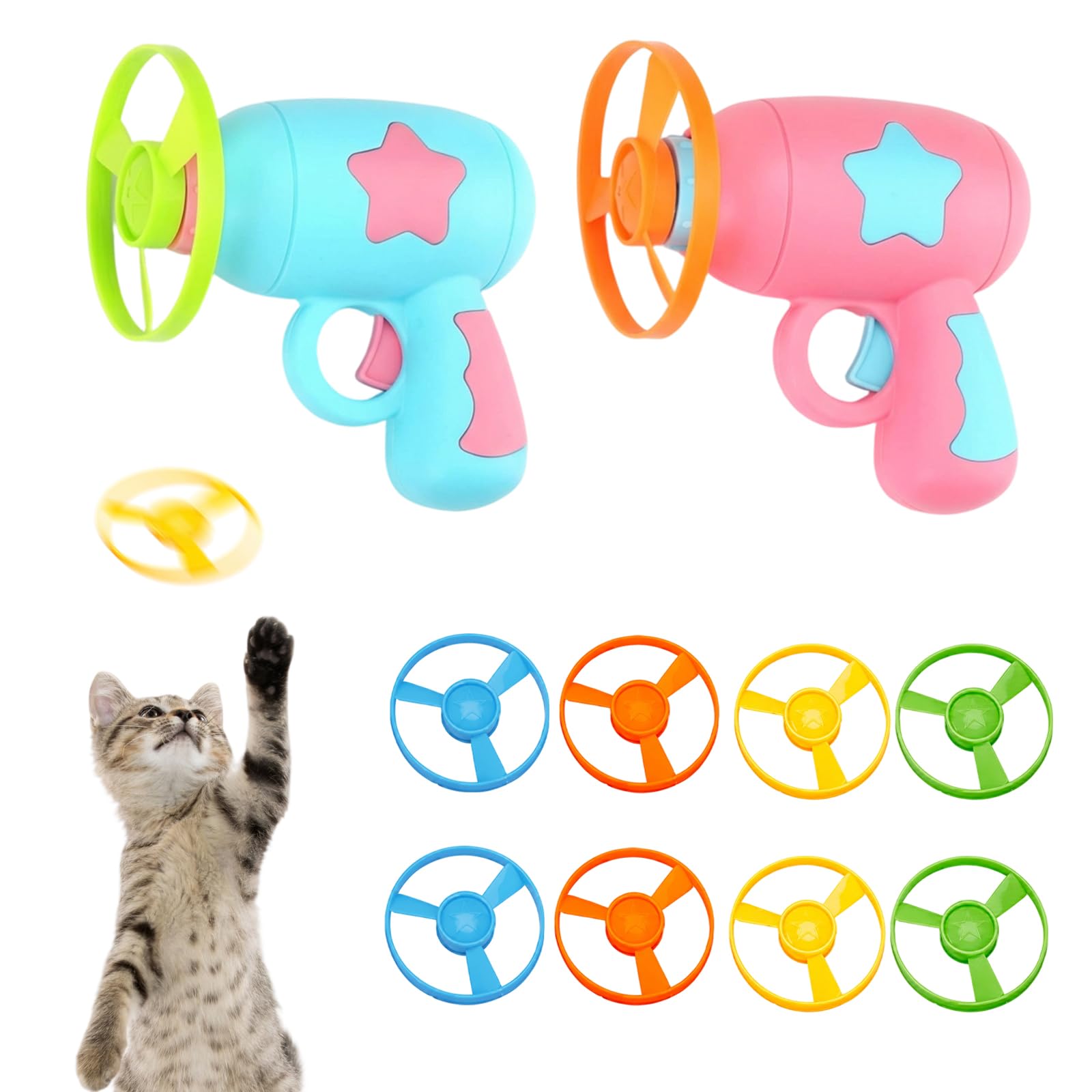WORUIB Flying Disc Launcher Toy, Interactive Cat Toy with Two Colourful Discs, Indoor and Outdoor Play for Cats and Small Dogs, Portable Design for Family Bonding and Pet Exercise