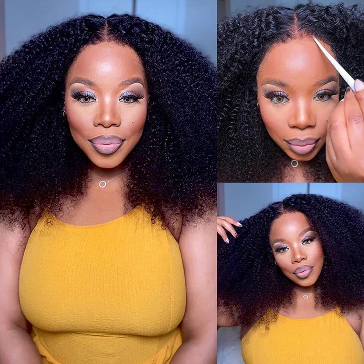 Glueless Wig Human Hair, Perücke Echthaar Damen 4x4 Lace Front Wigs for Women, 200% Density, Afro Kinky Curly Wig Human Hair, No Glue, Pre Cut Lace Wear and Go Real Hair Wig Schwarz 16 Inch